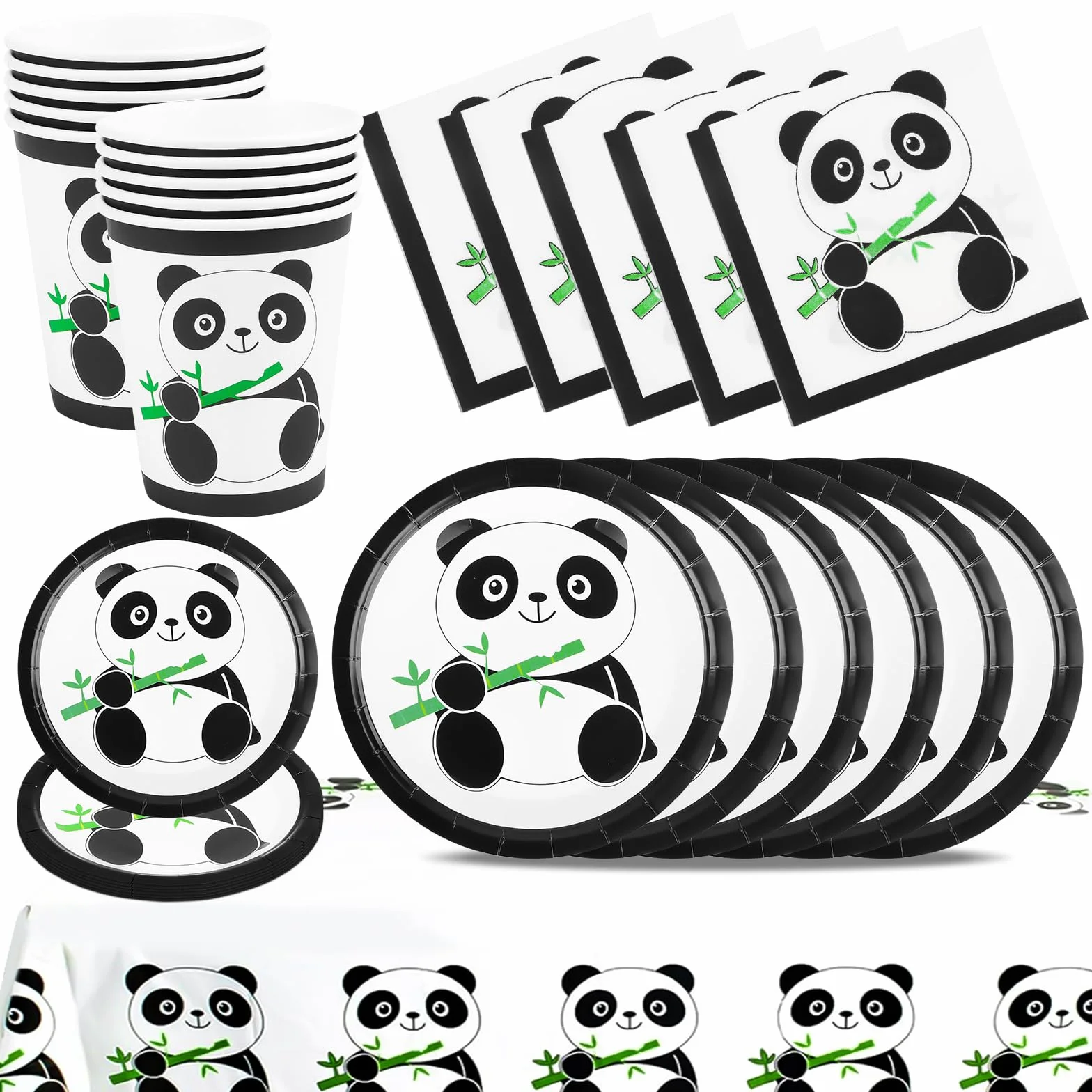 Panda zestaw naczyń imprezowych, dekoracja na imprezę urodzinową, pandę, motyw pandy, dekoracja urodzinowa, naczynia, talerze pandy, kubki, serwetki, obrusy, akcesoria imprezowe dla 10 gości