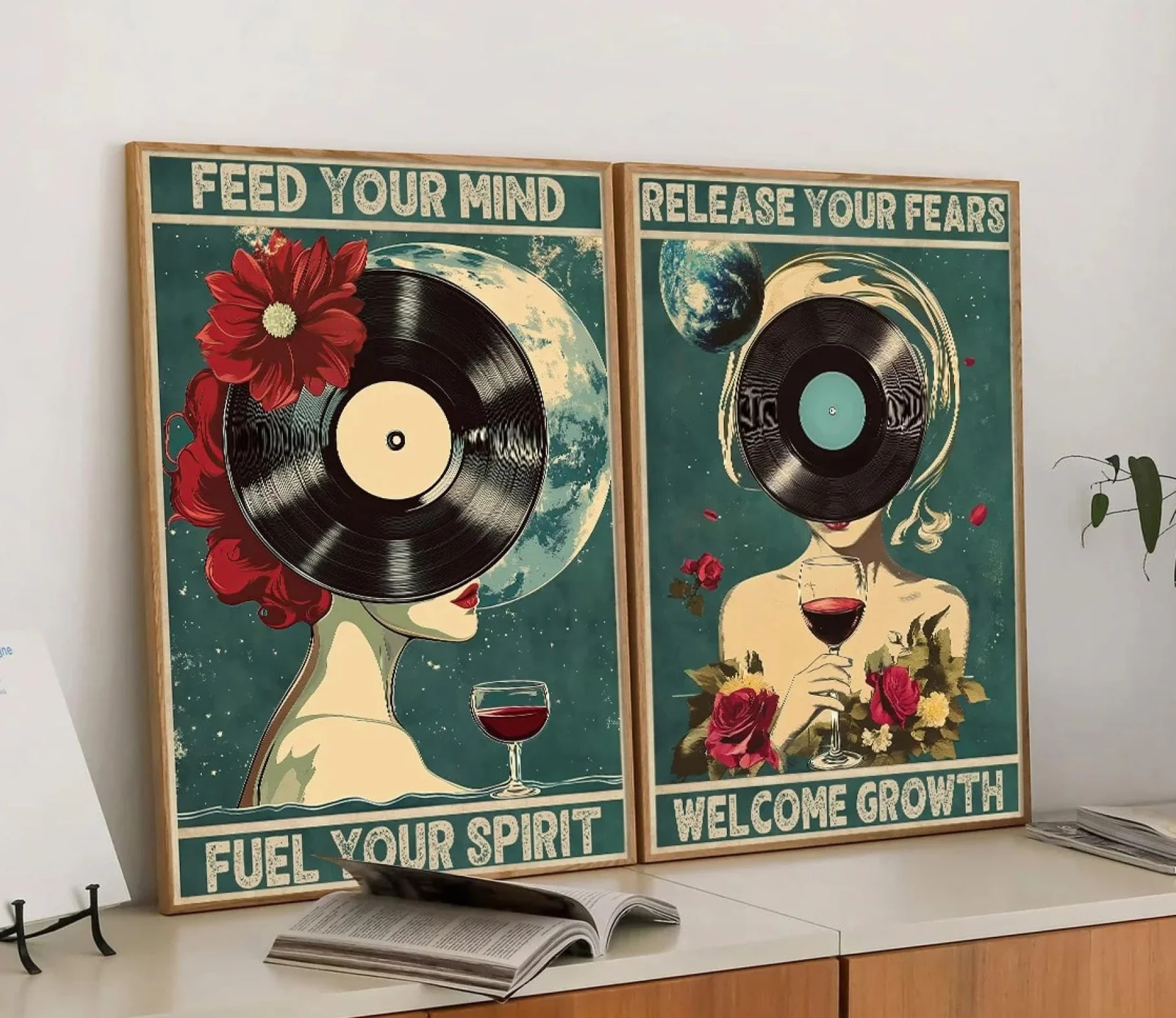 ZHAOLIN 2-częściowy zestaw plakatów w stylu retro, płyta winylowa, abstrakcyjna, kobieta, vintage, pop, funky, minimalistyczny, nowoczesny obraz, dekoracja domu, 60 x 90 cm (24 x 35 cali), bez ramki