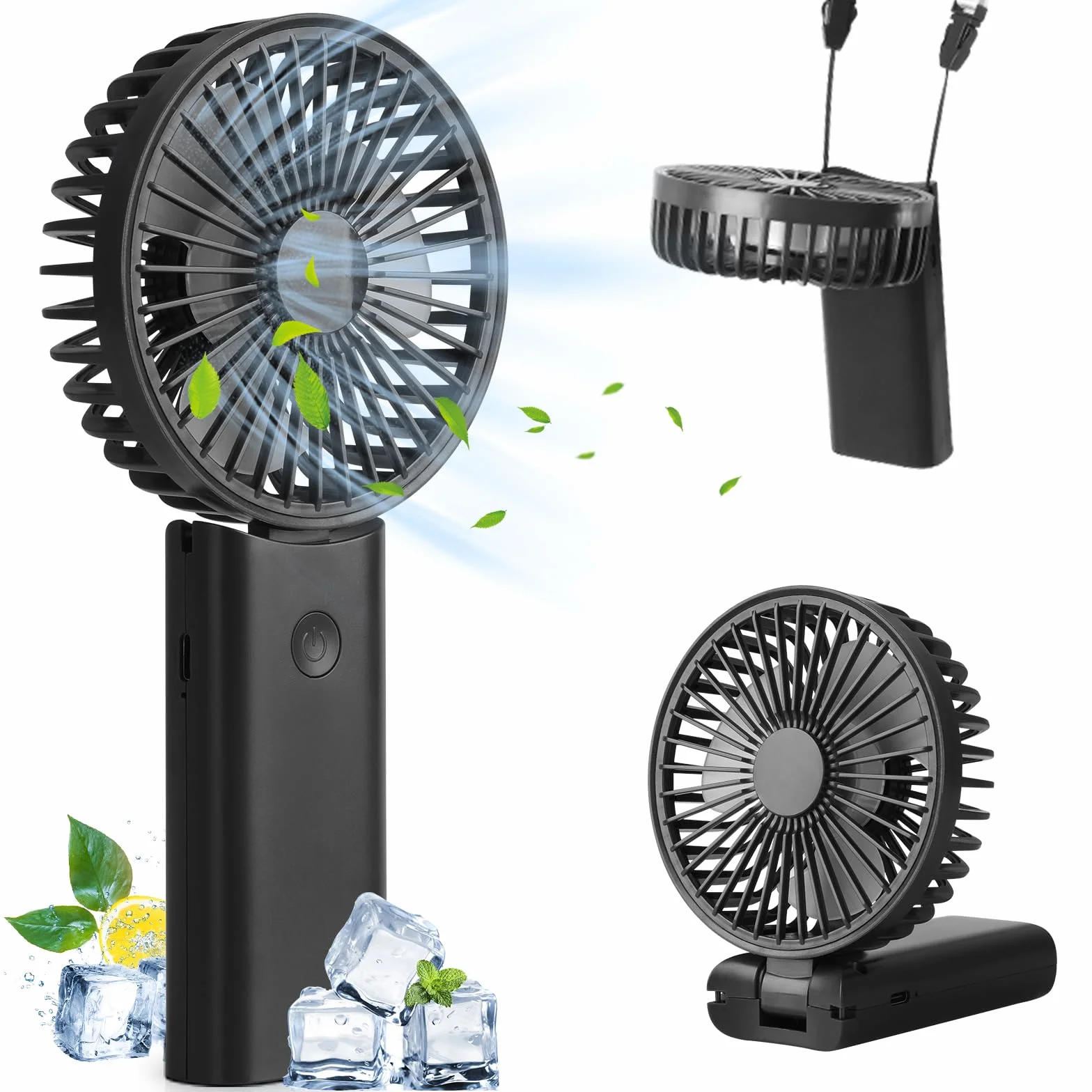 Hianjoo Wentylator 4 w 1, 4000 mAh, Składany 90°, Wentylator Szyjny, 3 Prędkości, Uchwyt na Telefon, Czarny