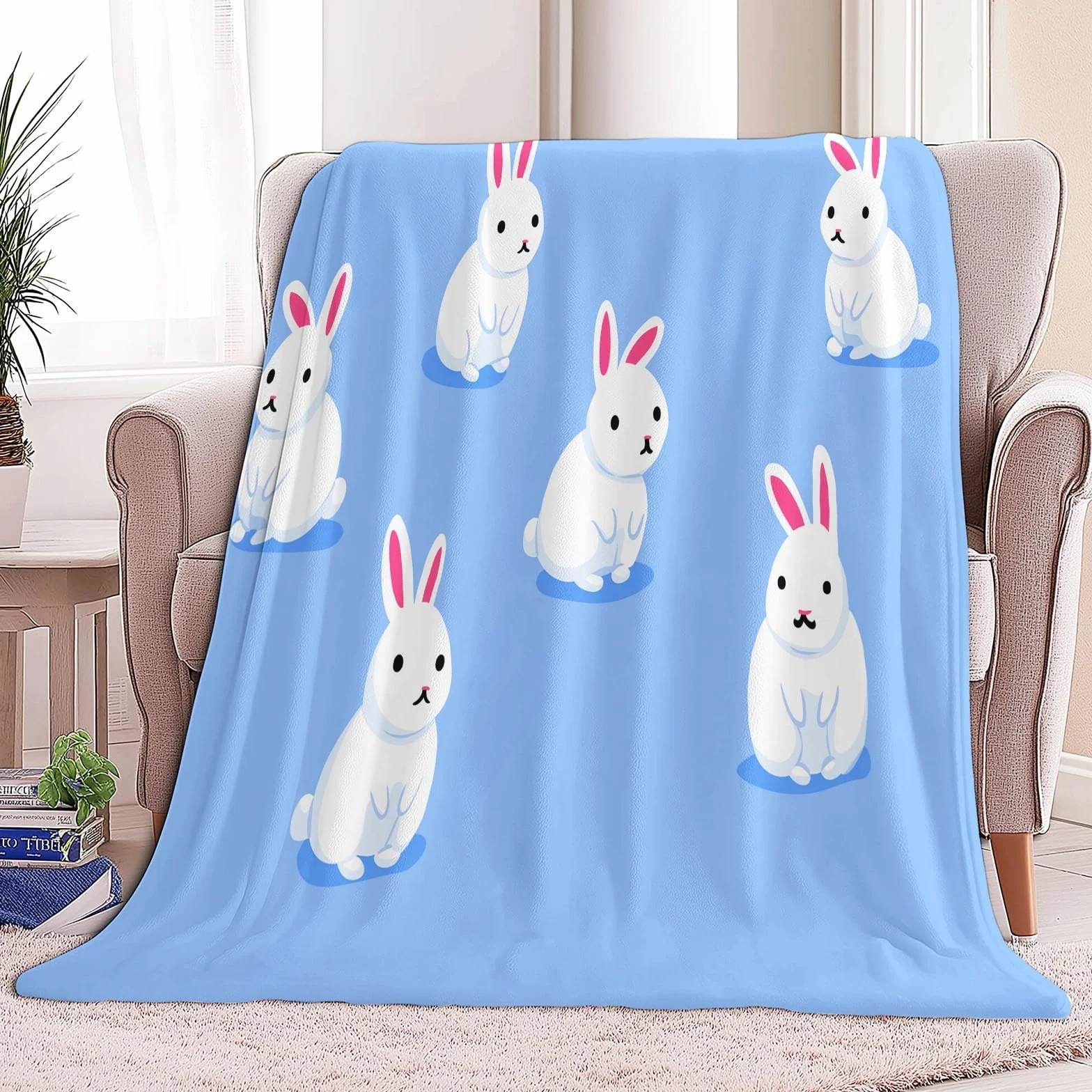 Kreskówka flanelowy koc polarowy zwierzęta królik flanelowy, narzuta na sofę przytulny koc dwuosobowy koc na łóżko w kratę zimowy, 220 x 240 cm błękitny