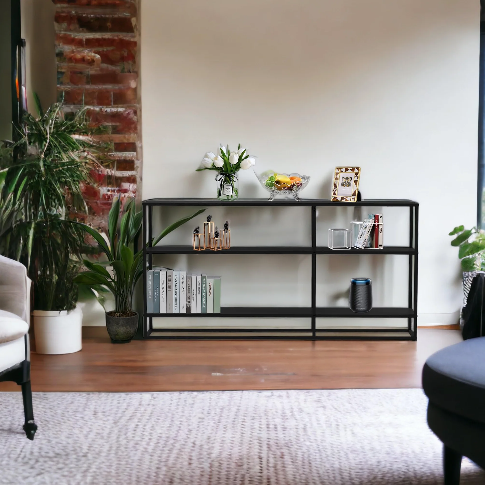 DanDiBo Stolik konsolowy, wąski, metalowy, czarny, z 3 poziomami, nowoczesny, 140 x 70 x 25 cm, regał stojący, regał stojący 96471, metalowy regał z półką