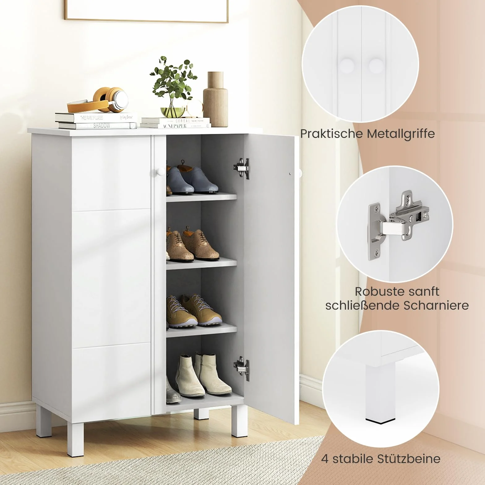 COSTWAY Szafka na buty 4-poziomowa drewniana biała 60x33,5x90 cm