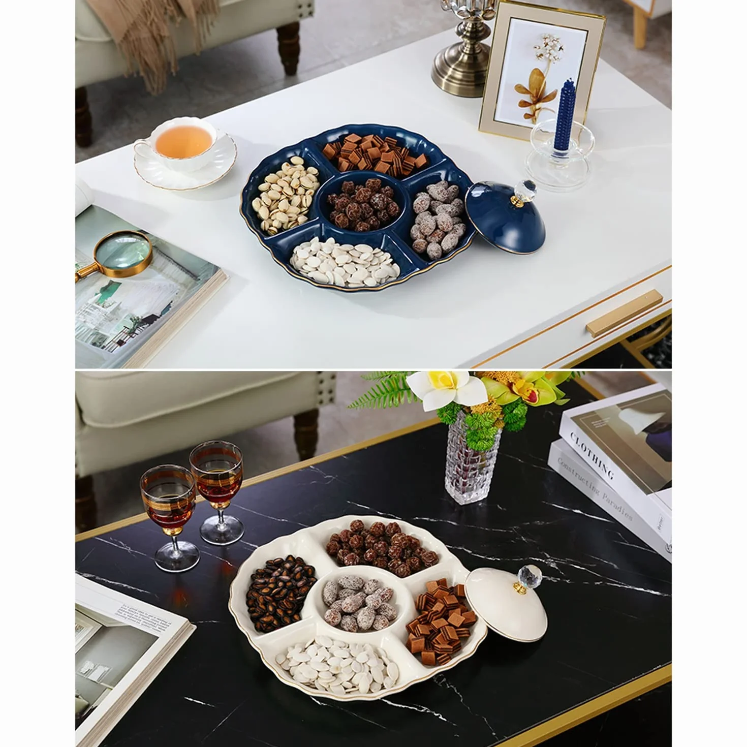 Ceramiczna miska na owoce, Wysokiej klasy ceramiczny talerz na suszone owoce z 5 siatkami, wykwintne przekąski taca cukierki, kompot orzechów i stojak jagody/niebieska(Blue)