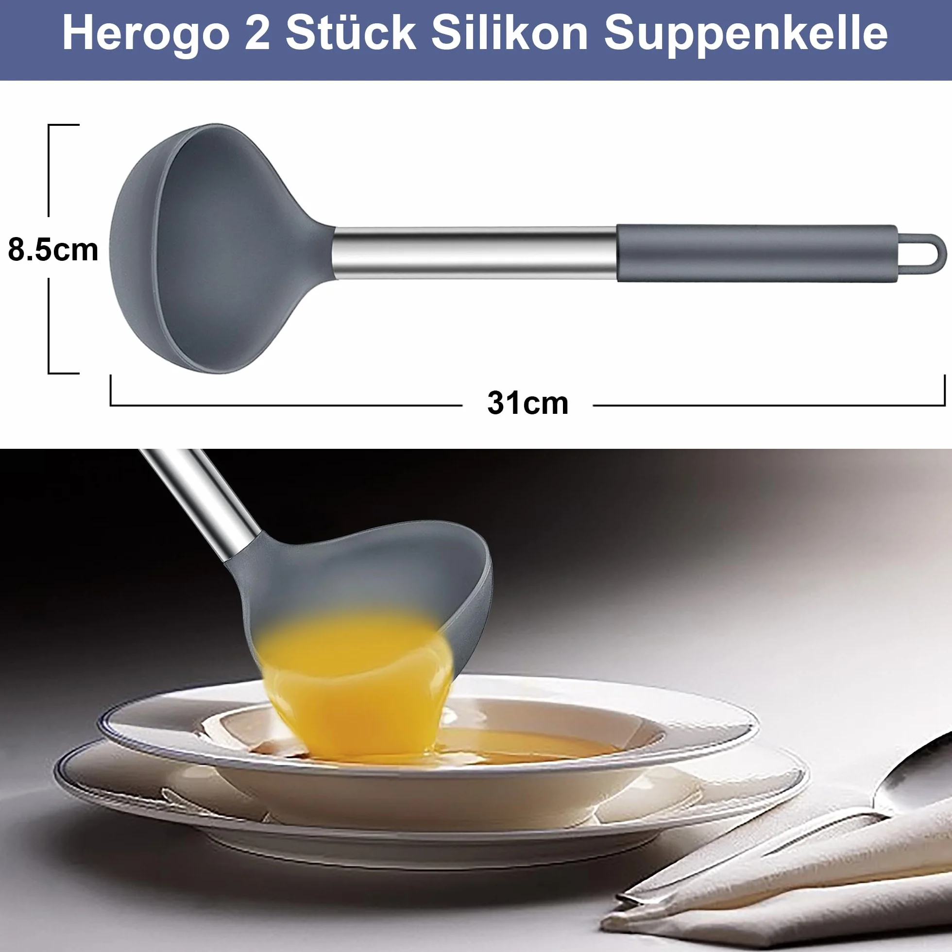 Herogo Chochle zestaw 2 silikonowych chochli do zupy, chochle 31 cm z uchwytem ze stali nierdzewnej, duża łyżeczka do serwowania zup, odporność na wysokie temperatury i nieprzywierająca, łatwa do