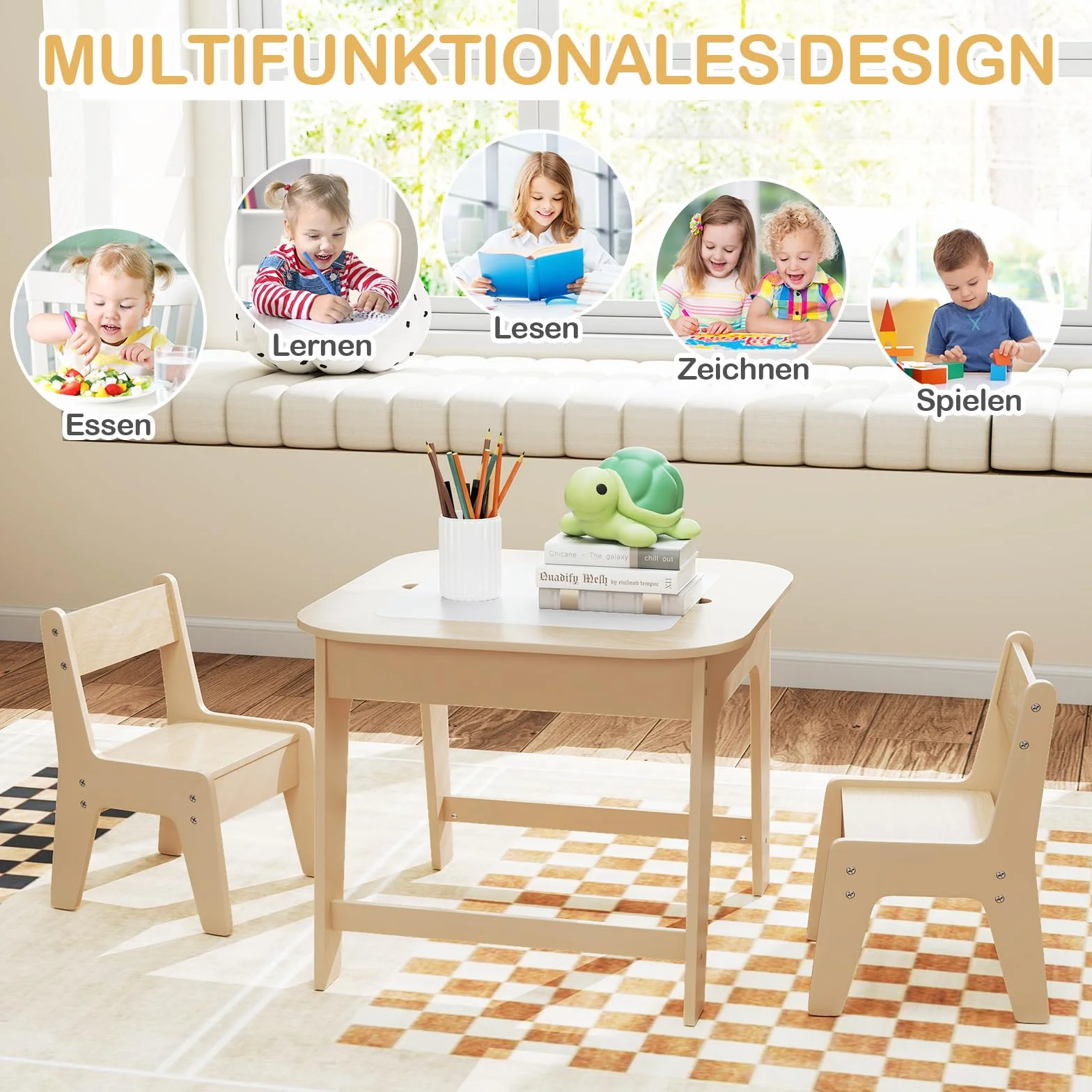 COSTWAY Stolik dziecięcy z 2 krzesłami, 3 TLG zestaw do siedzenia dla dzieci, drewniany z dwustronnym blatem, stół kreślarski 3 w 1, stół do majsterkowania i stół do ćwiczeń z miejscem do
