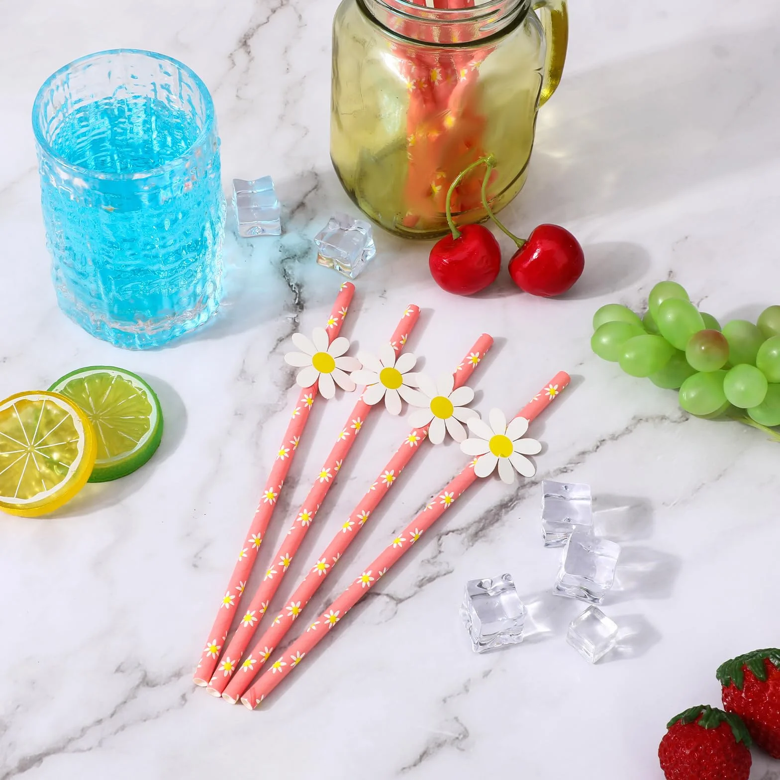Molain 30 sztuk papierowych słomek w kształcie stokrotki, jednorazowe dekoracje imprezowe, urocze słomki papierowe stokrotki, na baby shower, projekty DIY, urodziny, wesele,