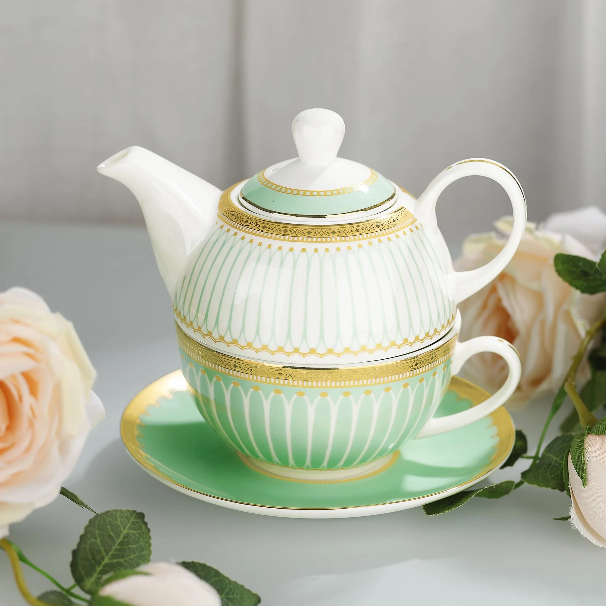 fanquare Zestaw do herbaty Tea for One z złotym obramowaniem, zielony zestaw do herbaty dla dorosłych, ceramiczna filiżanka do kawy z podstawką, klasycznie w paski