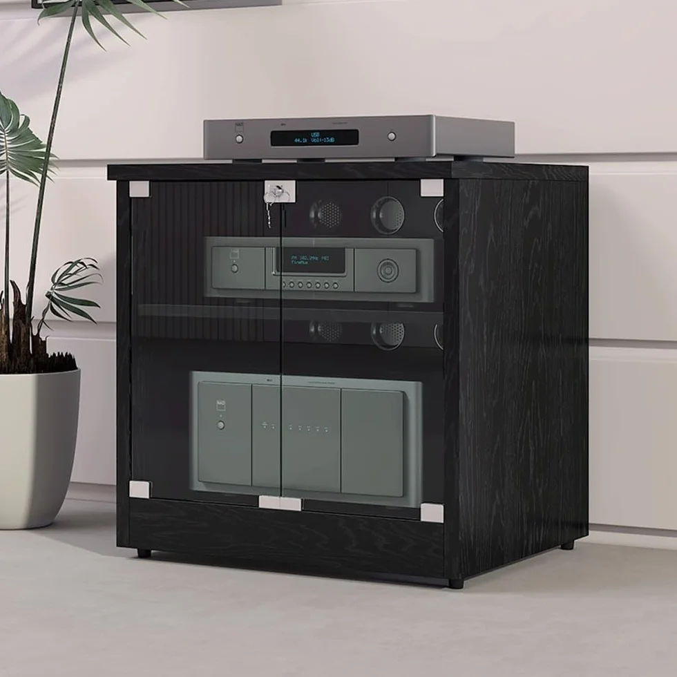 Drewniany stojak na nośniki audio-wideo, szafka na komponenty stereo z drzwiami ze szkła hartowanego, stojak na nośniki AV na konsolę gramofonową, narożna szafka multimedialna