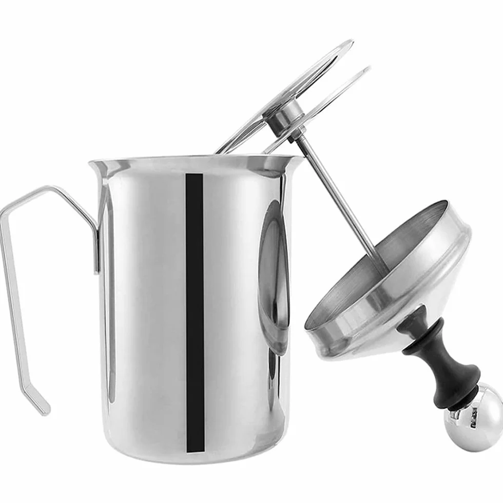 Gvolatee Spieniacz do mleka ze stali nierdzewnej Double Mesh 500 ml, ręczny, 8 x 8 x 18 cm, idealna pianka do mleka dzięki podwójnemu sitku i specjalnemu mechanizmowi dociskowemu