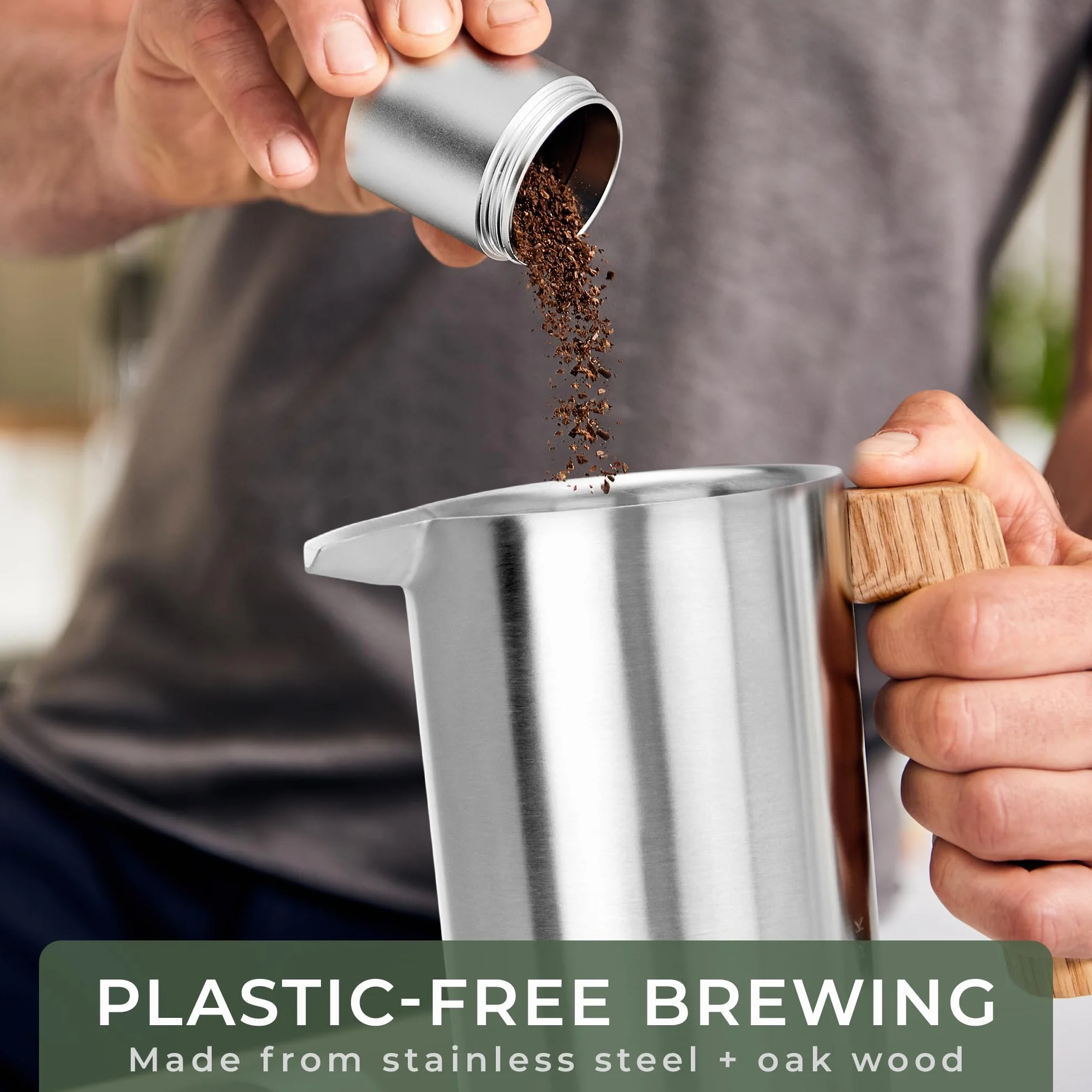 WALDWERK French Press (1L) - Kaffeebereiter aus ??doppelwandigem Edelstahl mit Holzgriff aus Eichenholz - plastikfreier Kaffeezubereiter