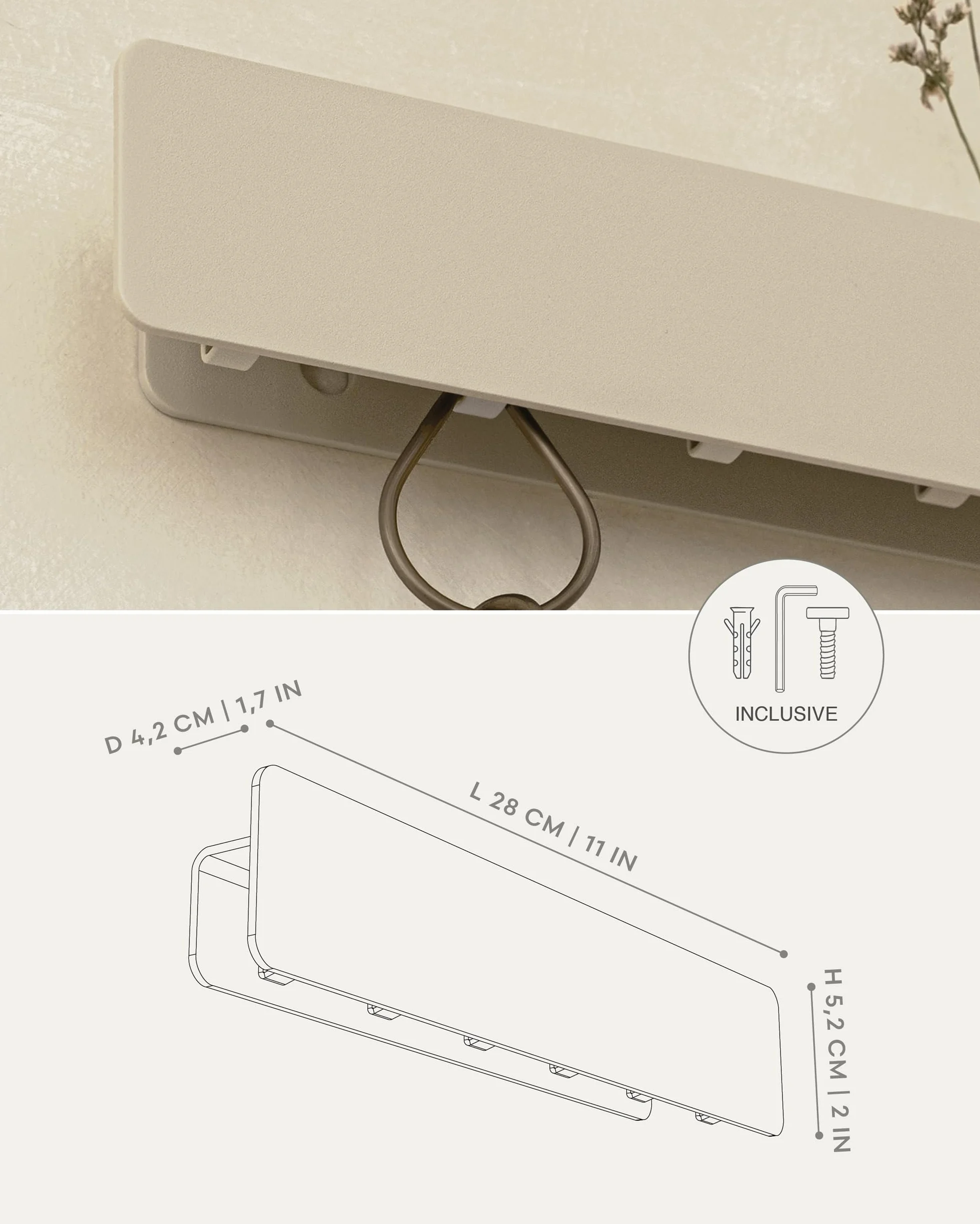 Kazai. Tablica na klucze 'Kian' | Minimalistyczny design haka z Berlina | Nowoczesny metalowy uchwyt z półką | Regał jako mebel do przedpokoju na ścianę | Taupe Piaskowy
