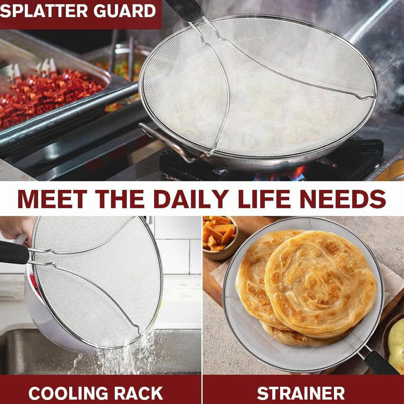 Grease Splatter Guard - Fine Mesh Screen, Protector Kitchen Tool for Searing Meat, Premium Quality Shield, Cooking Pot Accessory with Heat Resistant Handle, Frying Pan Set for Sizzling and Grilling