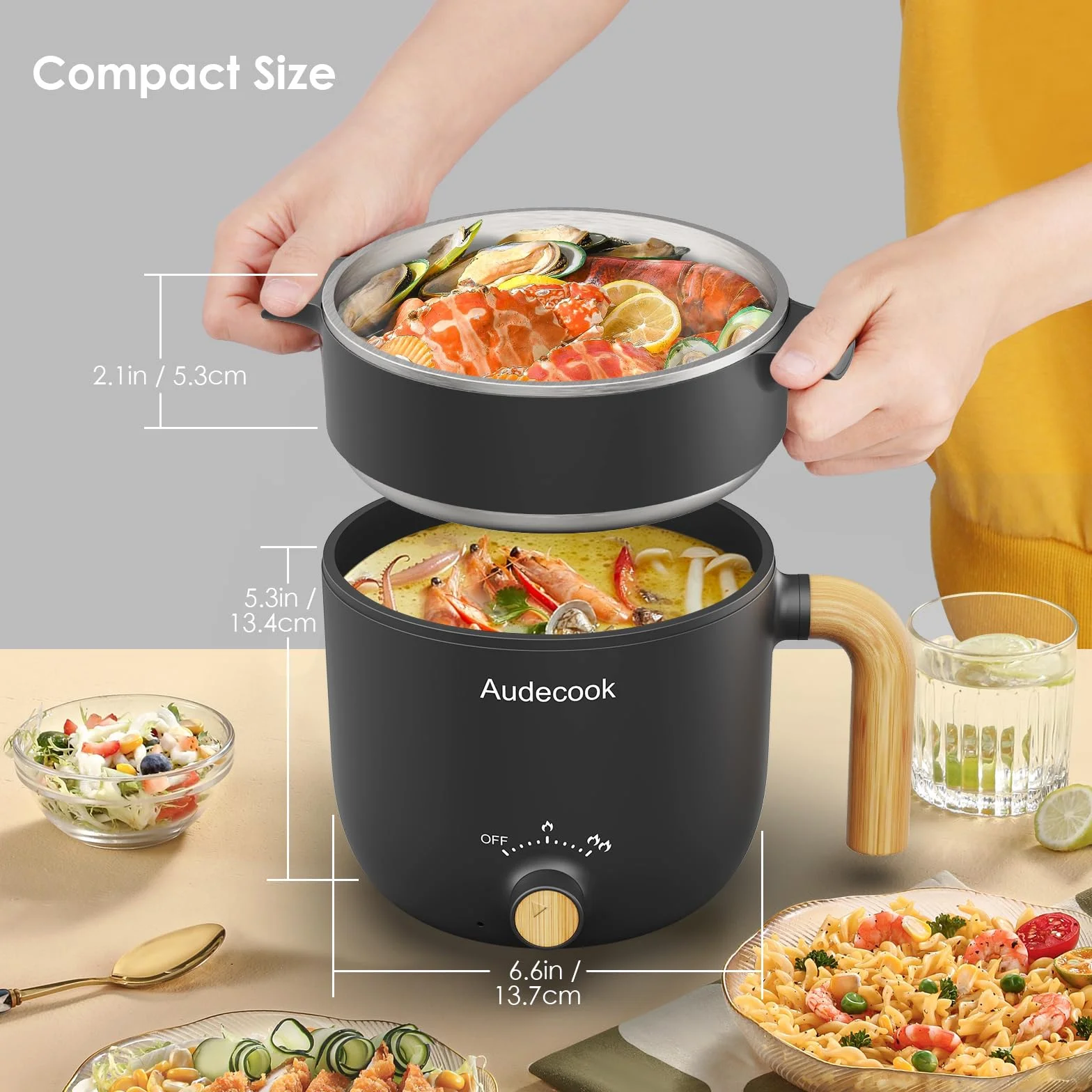 Audecook Elektryczna patelnia Hot Pot, 1,5 l, przenośna, nieprzywierająca, szybka, patelnia podróżna z podwójnym sterowaniem mocy, do steków/makaronów/zupy/jajka/owsa