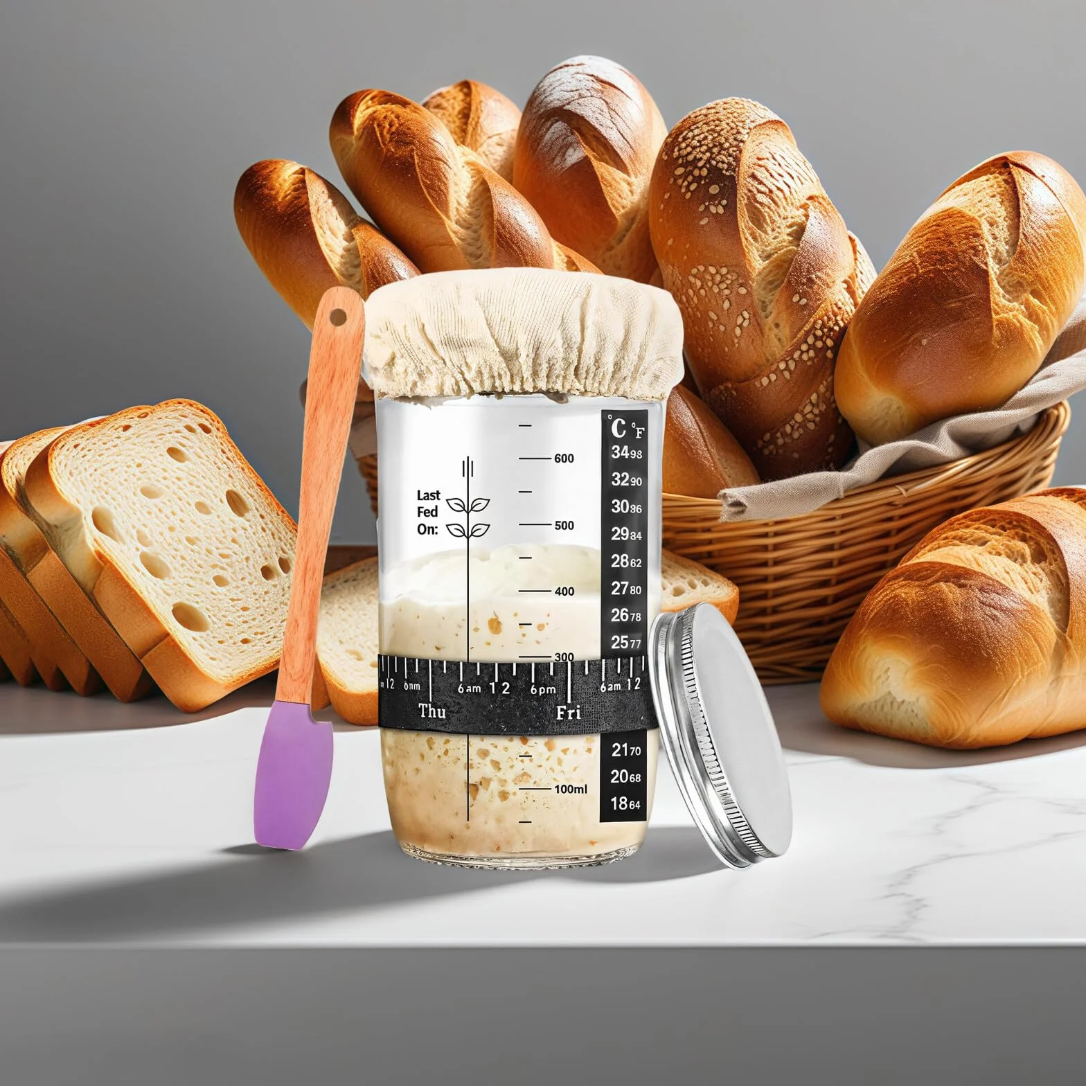 Artykuły do pieczenia chleba z kwaśnego ciasta, zestaw startowych słoików na zakwasie 970 ml ze szkłem, termometrami, paskami do śledzenia daty, pokrywkami, pokrowcami z tkaniny i