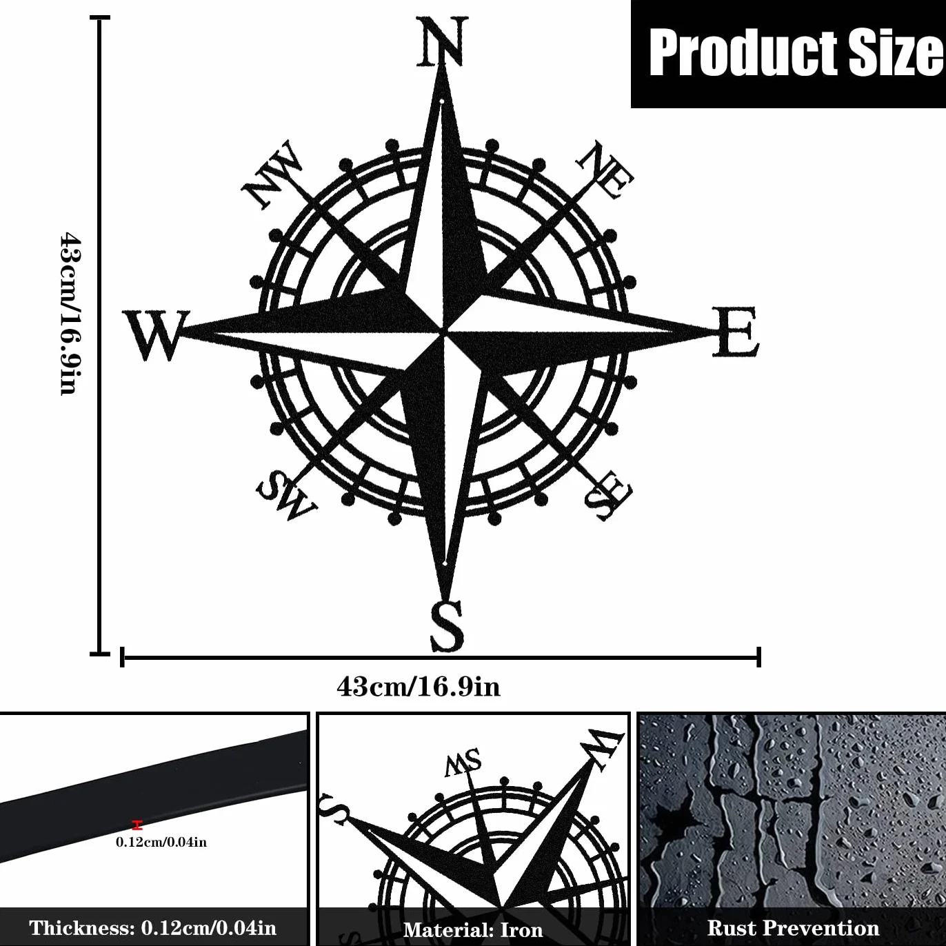43cm Czarny Metalowy Kompas Dekoracyjny, Wall Art, do Dekoracji Ścian Pokój Dzienny, Biuro, Weranda, Ogród, Patio, Dekoracja Domu