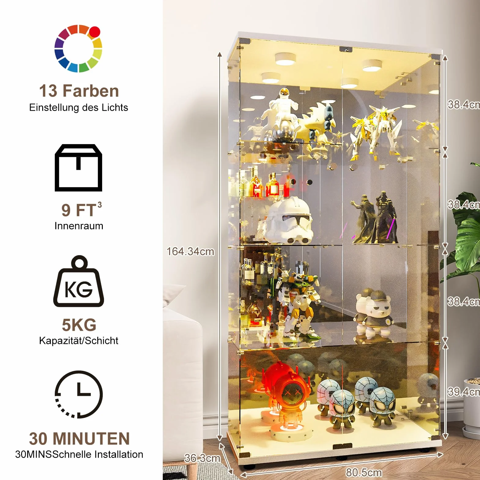 Szklana witryna LED, szafka prezentacyjna do kolekcji, 2 drzwiczki, 4 półki, gablota, figurka, salon, bar (4 piętra 2 drzwi+efekt lustra LED, biała)
