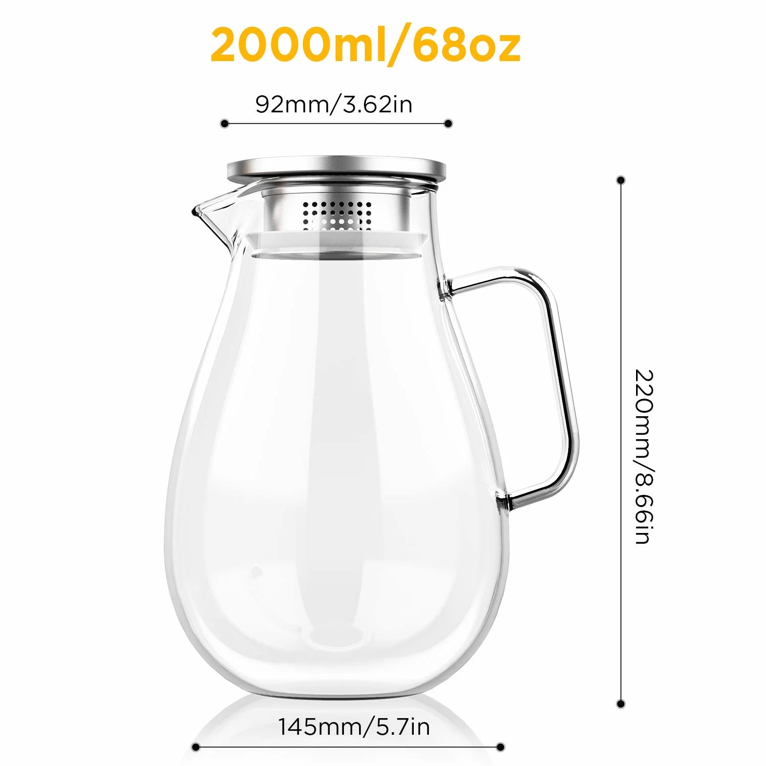 Szklany dzbanek 2,0 litrowy dzbanek do lodówki, karafki, 304 bezstanowa pokrywka z filtrem gorąca zimna woda mrożona wino, kawa, mleko, herbata, sok, butelka na napoje z patyczkiem do