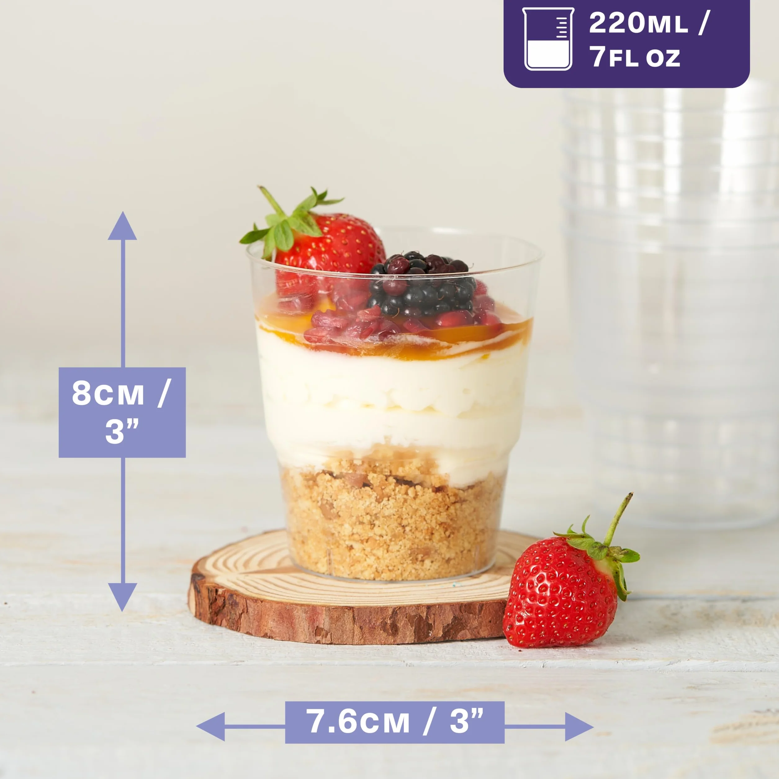 MATANA 48 przezroczystych kubków deserowych z twardego plastiku (okrągłe, 220 ml) - solidne i wielokrotnego użytku - garnki deserowe do przystawek, puddingów, musów, parfaitów, drobiazgów, tiramisu