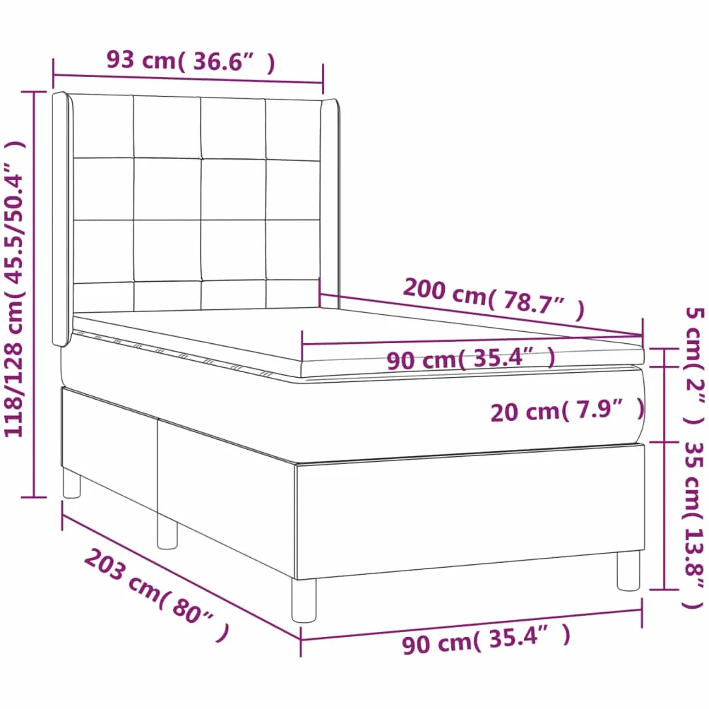 Łóżko kontynentalne z materacem ciemnobrązowym, 90 x 200 cm, materiałowe, tapicerowane łóżko z materacem ze sprężynami kieszeniowymi, regulowany zagłówek, rama łóżka, zajmujący mało miejsca