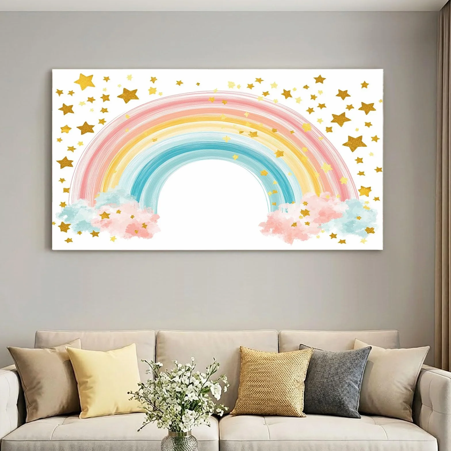 Obraz ścienny z kreskówki obraz na płótnie - obraz na płótnie 120 x 80 cm, druk na płótnie z tęczą, gwiazdą, chmurą, oprawiona sztuka ścienna do salonu i sypialni, dekoracja ścienna, biały
