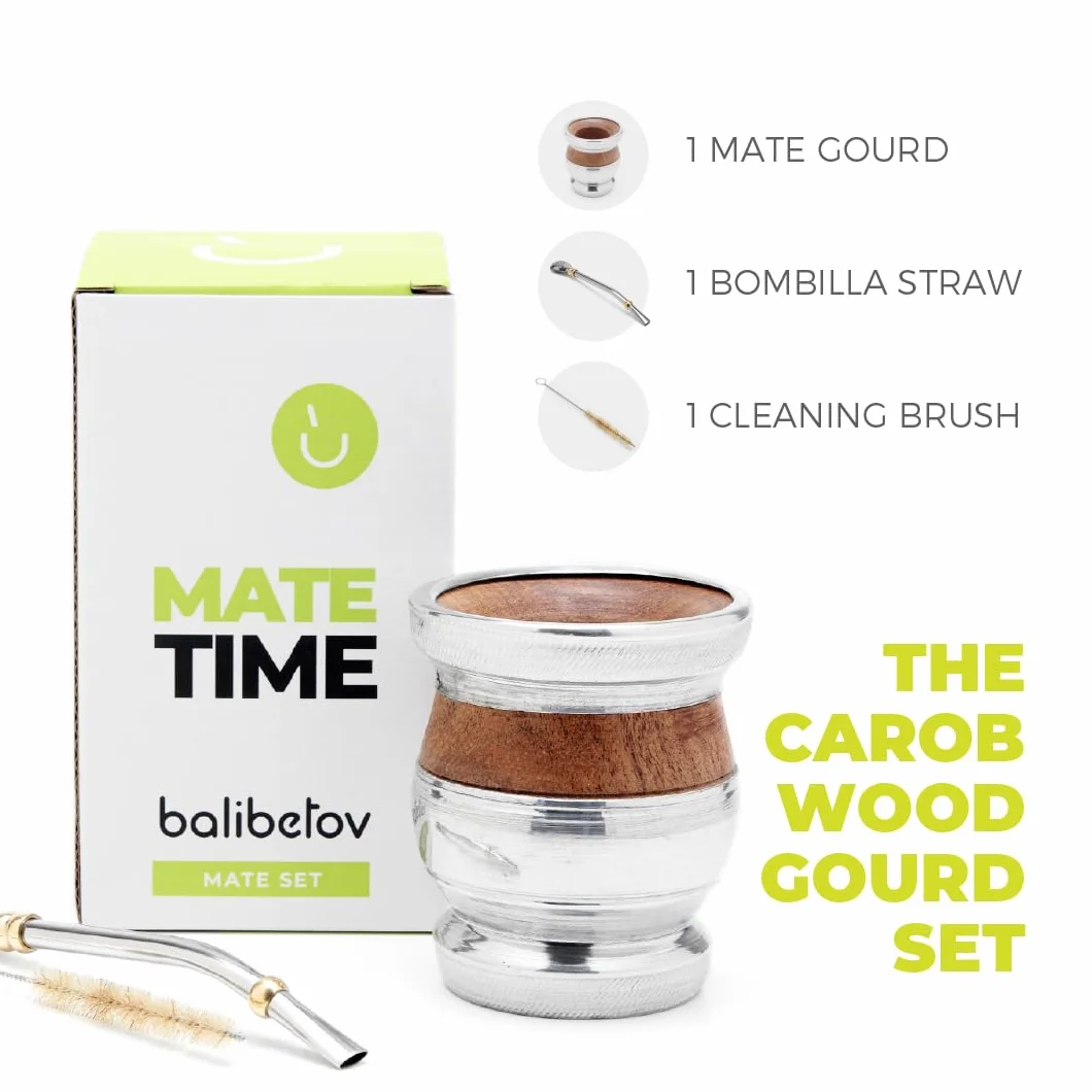 BALIBETOV Yerba Mate zestaw tykwy drewnianej – tradycyjny chleb świętojański i aluminiowy (kubek mate) z bombillą (słomka Yerba Mate) (drewno z aluminiową podstawą) (drewno karobowe z aluminiową