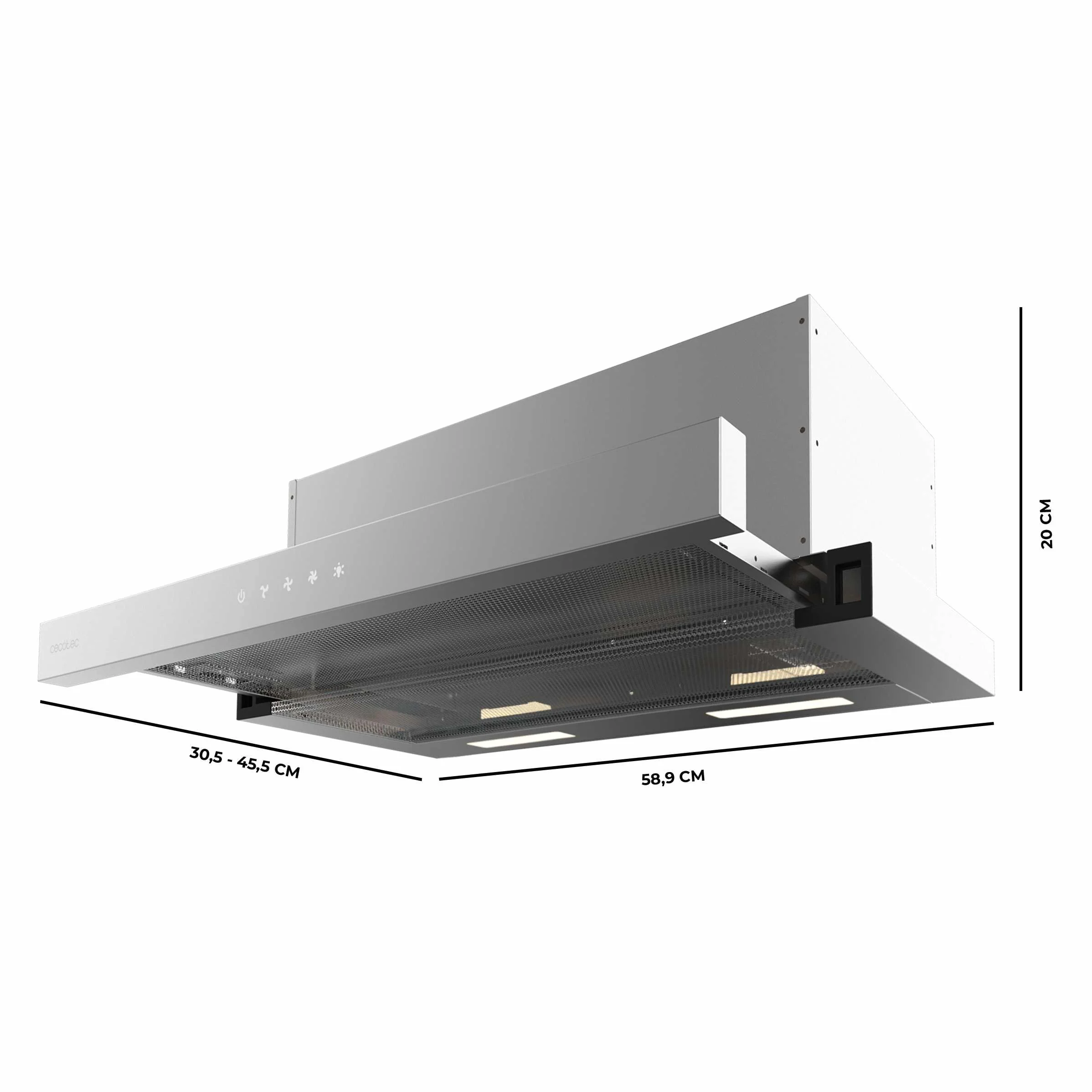 Cecotec Okap teleskopowy 60 cm Bolero Flux TLT 604000 Inox A+++. Przyssawka 415 m3/h, silnik DC, 3 stopnie prędkości, sterowanie dotykowe, wykończenie ze stali nierdzewnej, światło LED, filtry