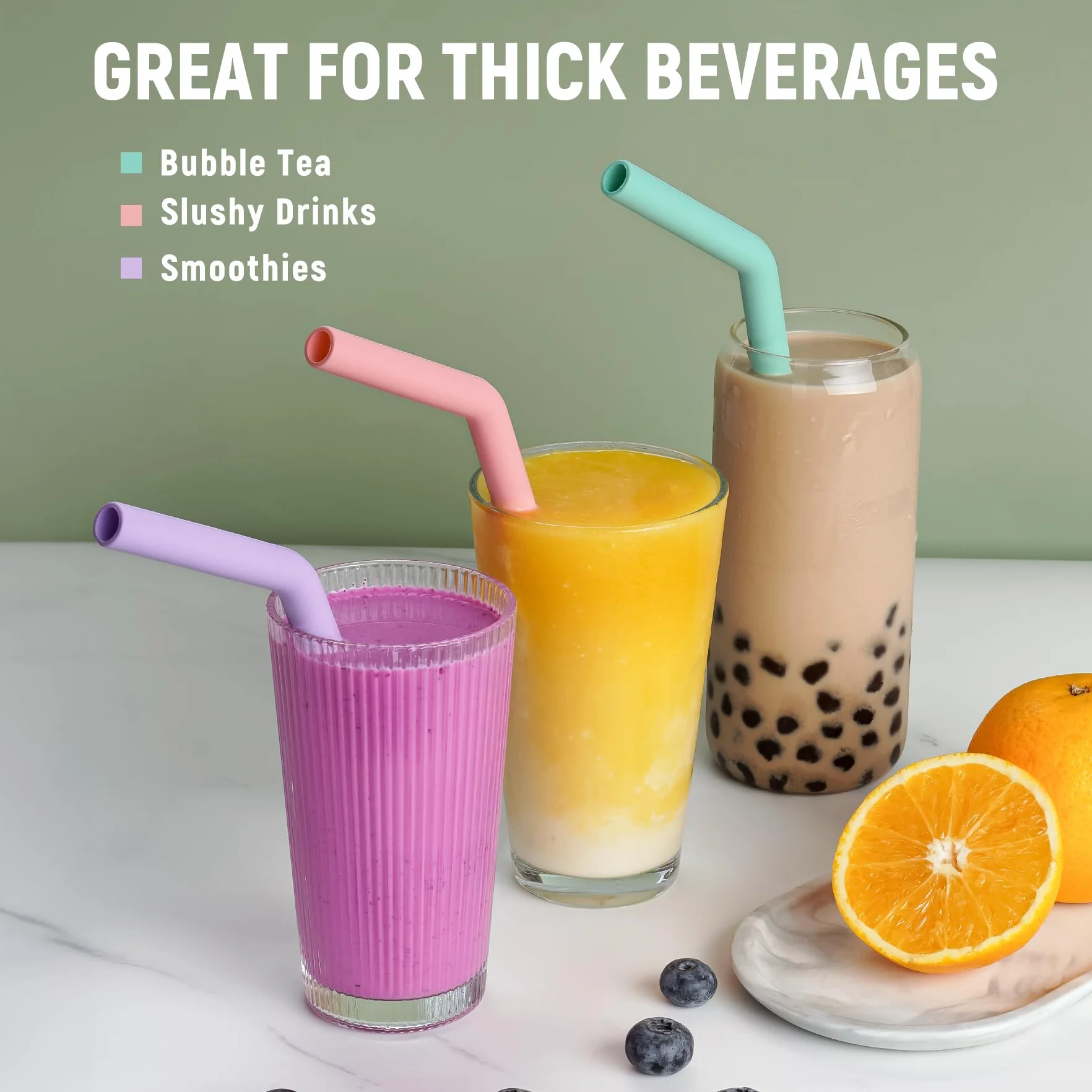 NiHome 6 sztuk silikonowych słomek wielokrotnego użytku, bardzo szerokie słomki do picia boba, smoothies i Bubble Tea, możliwość przycięcia, nie zawierają BPA, z 2 szczotkami do czyszczenia, nadają