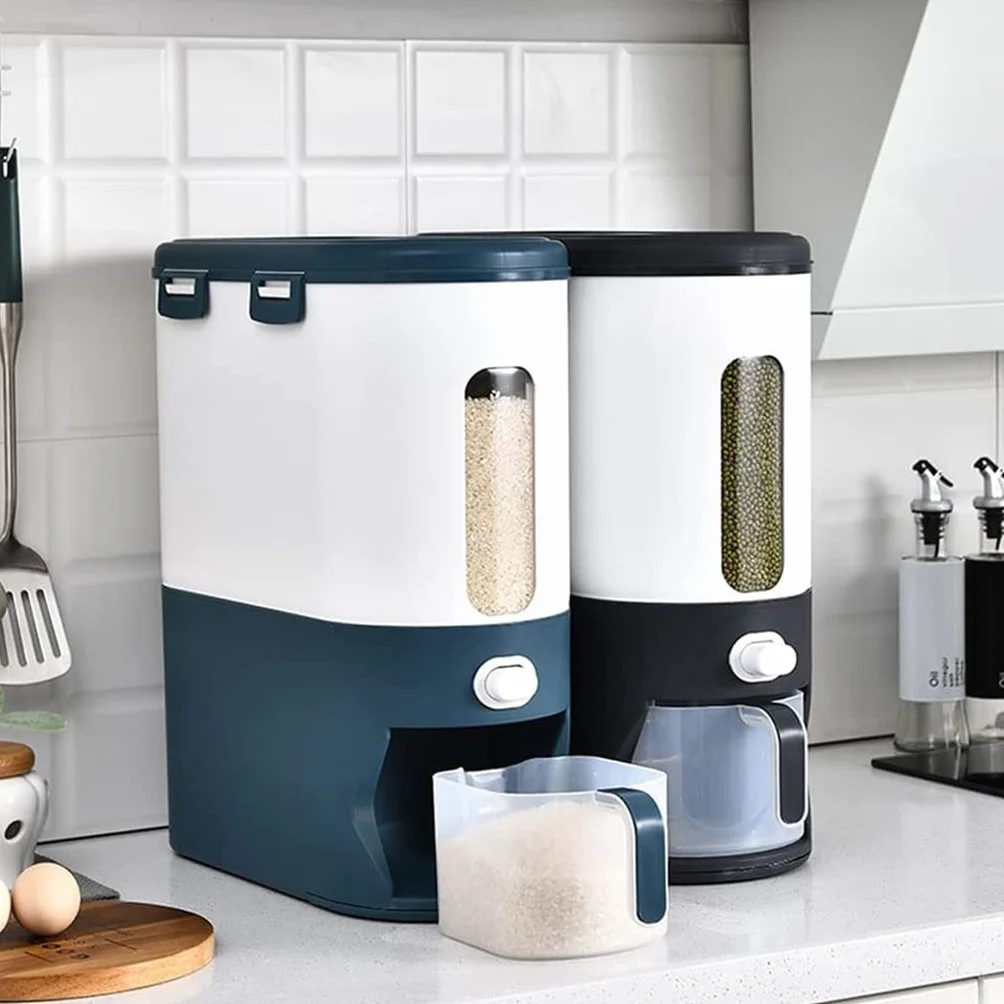 Dozownik Płatków Kukurydzianych Dozownik zbóż blat, spiżarnia ryżowa Duży Healtight Grain Dispenser Container One-Click Household Household Hermetyczny (Color : Blue-15kg)