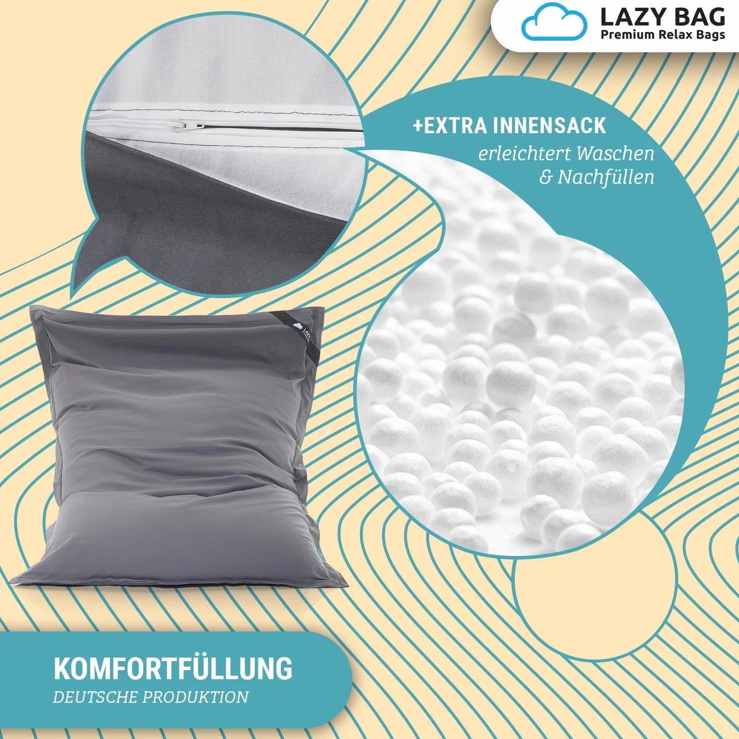 Oryginalny LAZY BAG Worek XXL 400L Gigantyczny bawełniany worek 180x140cm