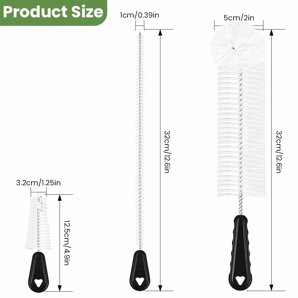 Vicloon Zestaw 3 szczotek do butelek, 32 cm, nylonowe szczotki ze stali nierdzewnej, szczotka do butelek dla niemowląt, szczotka do czyszczenia szklanych karafek, butelek na napoje, słomek, butelek na