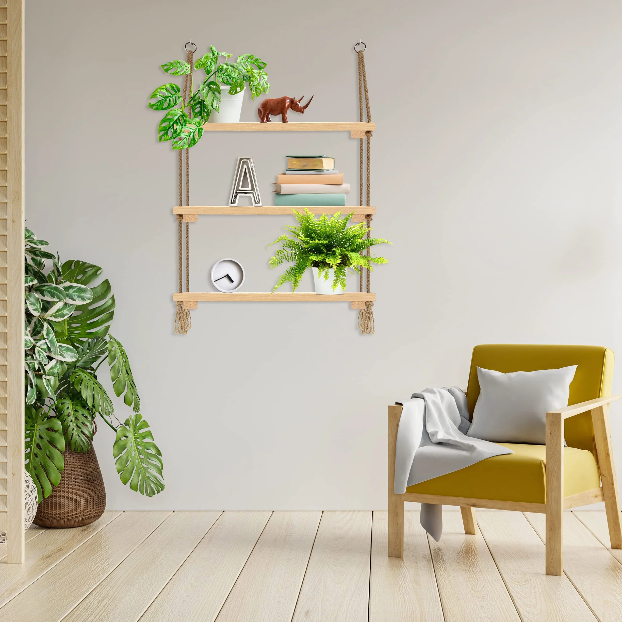 Drewniana PÓŁKA wisząca LOFT na linach sznurkach 3 sztuki naturalna