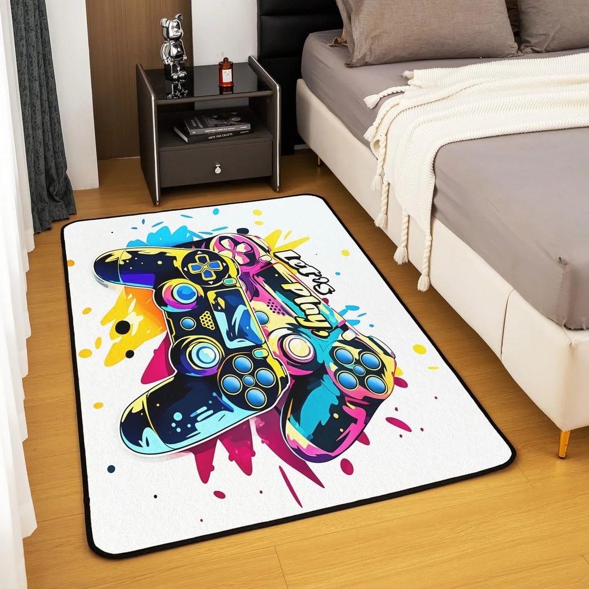 Loussiesd Dywan do salonu dla graczy, 100 x 150 cm, gamingowy dywan akcentujący dla chłopców, dziewcząt, nastolatków, nowoczesny kontroler konsoli do gier, mata podłogowa, joystick, surowa biel,