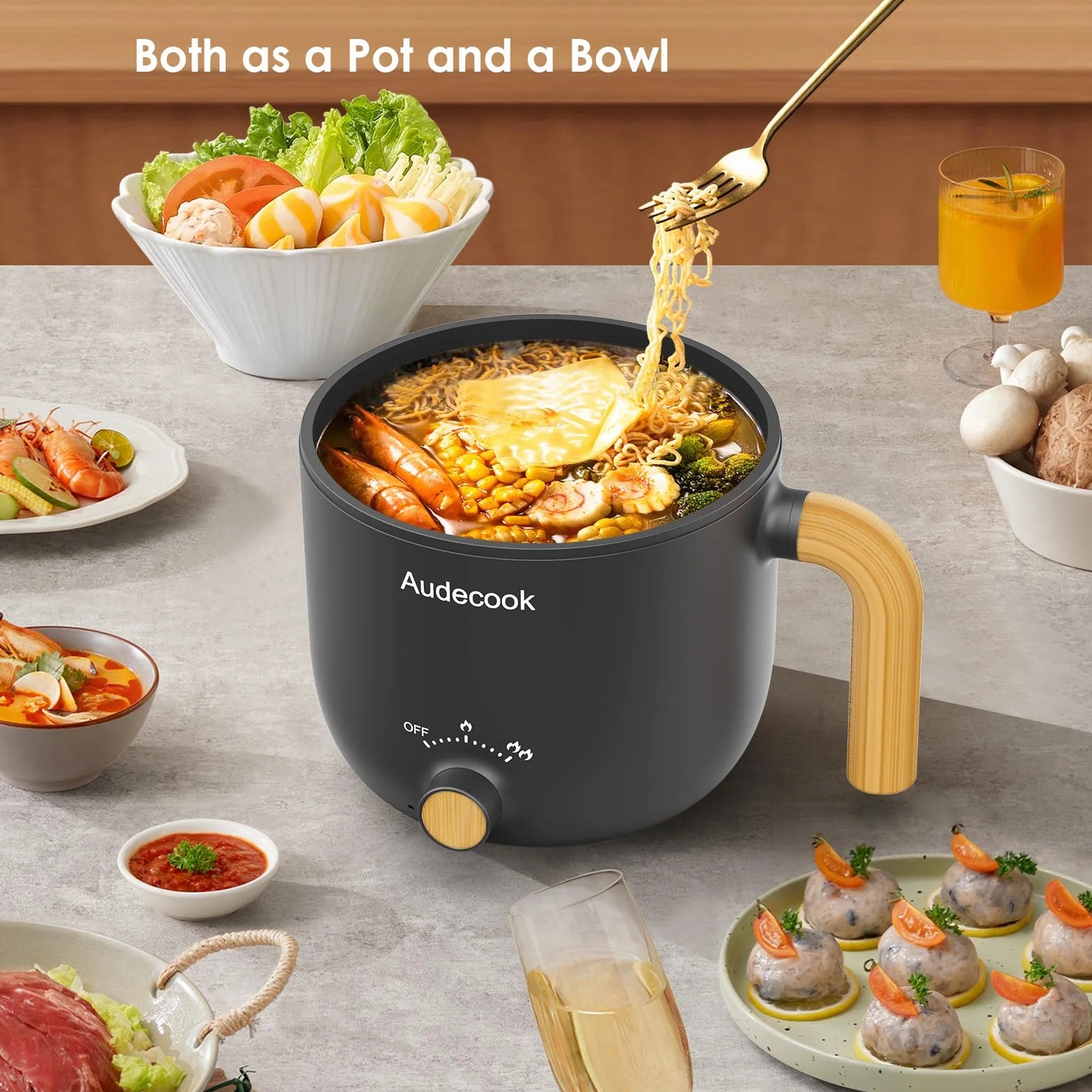 Audecook Elektryczna patelnia Hot Pot, 1,5 l, przenośna, nieprzywierająca, szybka, patelnia podróżna z podwójnym sterowaniem mocy, do steków/makaronów/zupy/jajka/owsa