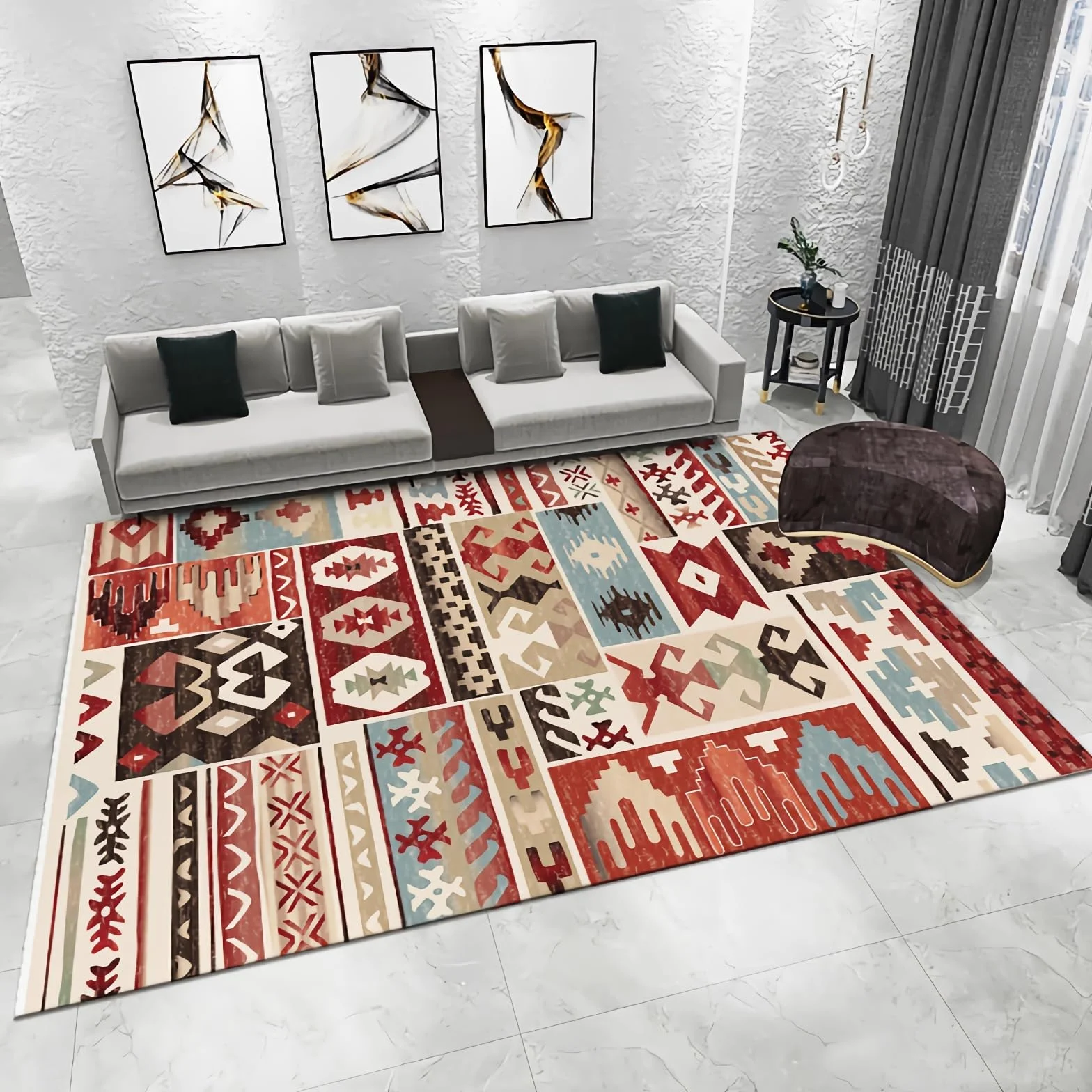 Akcesoria do pokoju gier żółty, niebieski, brązowy styl retro geometryczny design meble do sypialni dla dzieci dywan 80x120cm