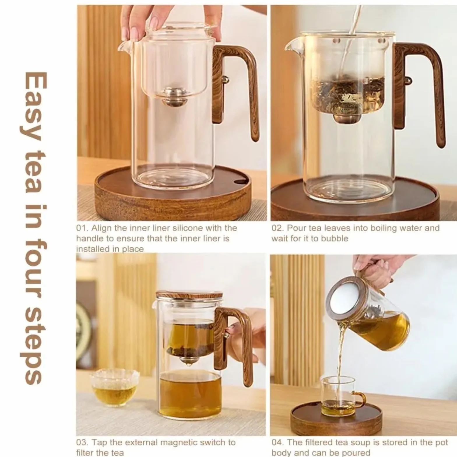 Generisch Enchanti Tea Pot, Enchantipot Magic Tea Po, szklany pojemnik na herbatę z drewnianą rączką, kontrola nacisku, magiczny garnek do herbaty, Enchantipot Magic Pot