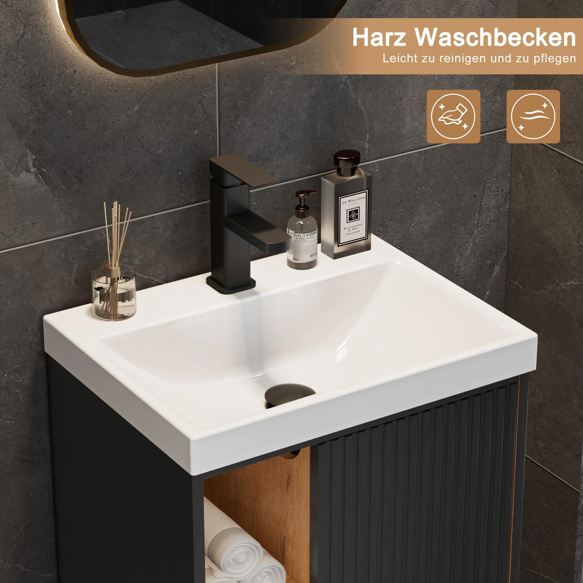 UEV Umywalka wisząca z szafką pod umywalkę, 50 cm, mała umywalka z kranem, szafka pod umywalkę, wystarczająco dużo miejsca do przechowywania, zestaw mebli łazienkowych do łazienki, czarna