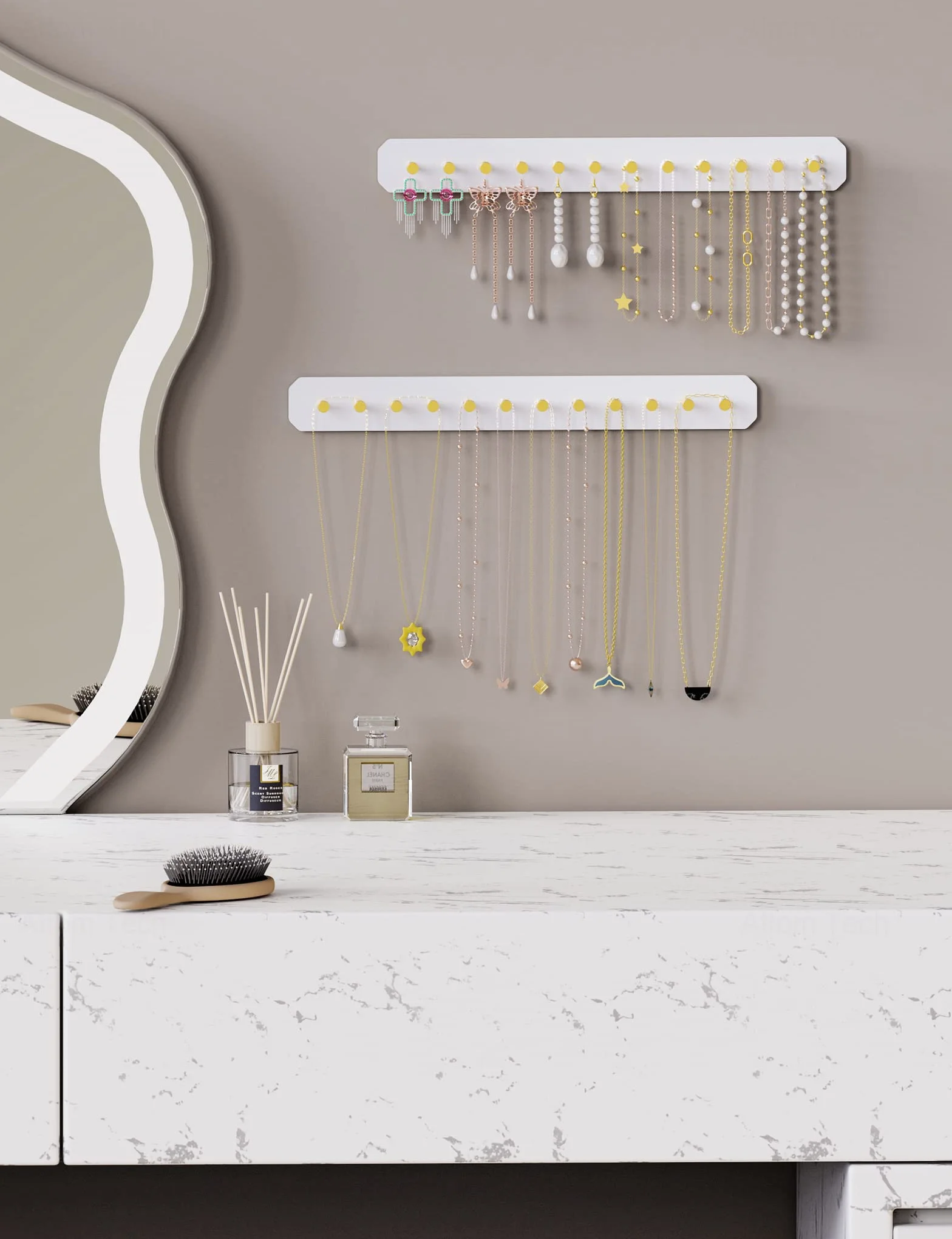 NiHome Naścienny akrylowy organizer na biżuterię, 2 sztuki, trwały, elegancki stojak, mocne haczyki ze stali węglowej, na toaletkę, do łazienki, kuchni, bezproblemowy montaż, wiele opcji montażu