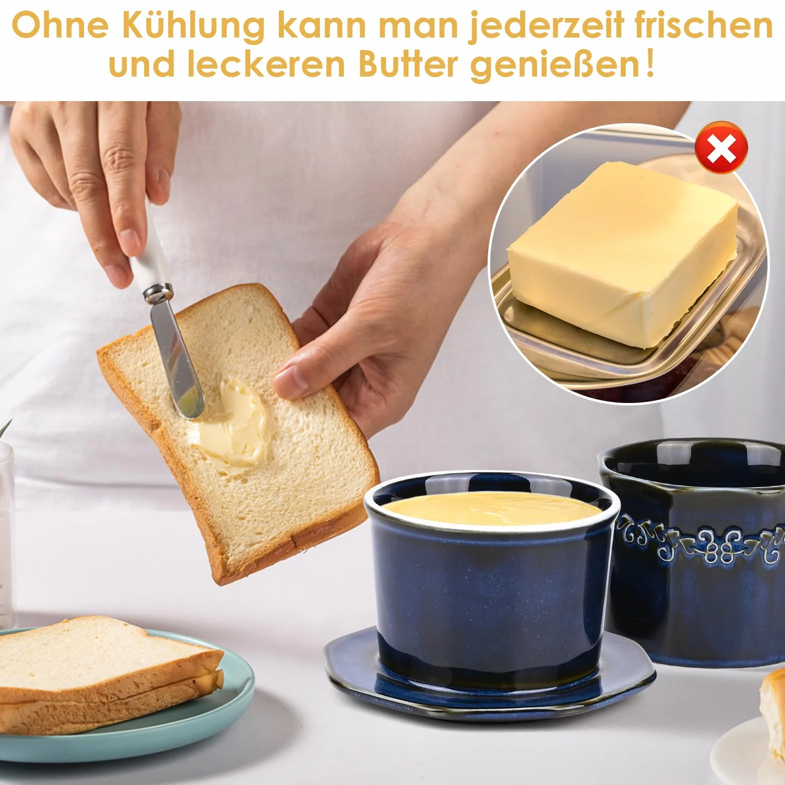 Francuska maselniczka, ceramiczna, francuska maselniczka z chłodzeniem wodnym, nadaje się do mycia w zmywarce, można przechowywać w temperaturze pokojowej, z pokrywką, zapewnia świeżość i