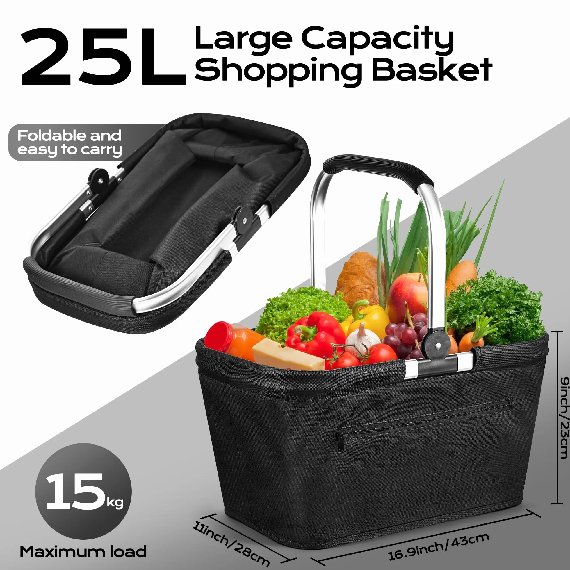 25L Składany koszyk na zakupy | Stabilny kosz do noszenia & piknikowy | Duży rozkładany kosz dla rodziny (43x28x23 cm) | Z wygodnymi uchwytami | Na zakupy, podróże, camping – FOLDOUT (Szary, 25L)