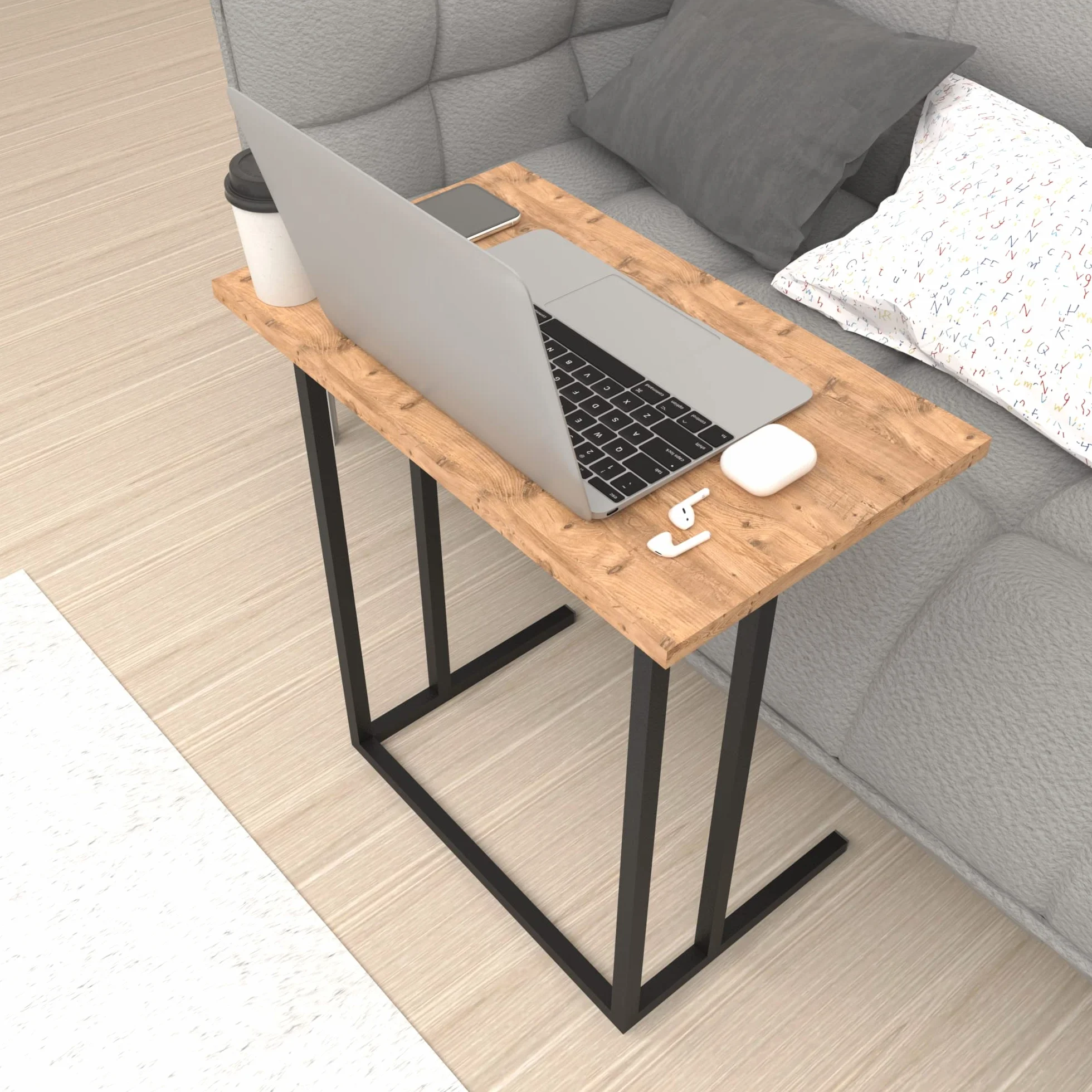 [en.casa] Stolik do laptopa Högsby stolik pomocniczy w kształcie litery C, stolik kawowy z metalowym stelażem, stolik do salonu, sypialni, stolik pod łóżko, dąb