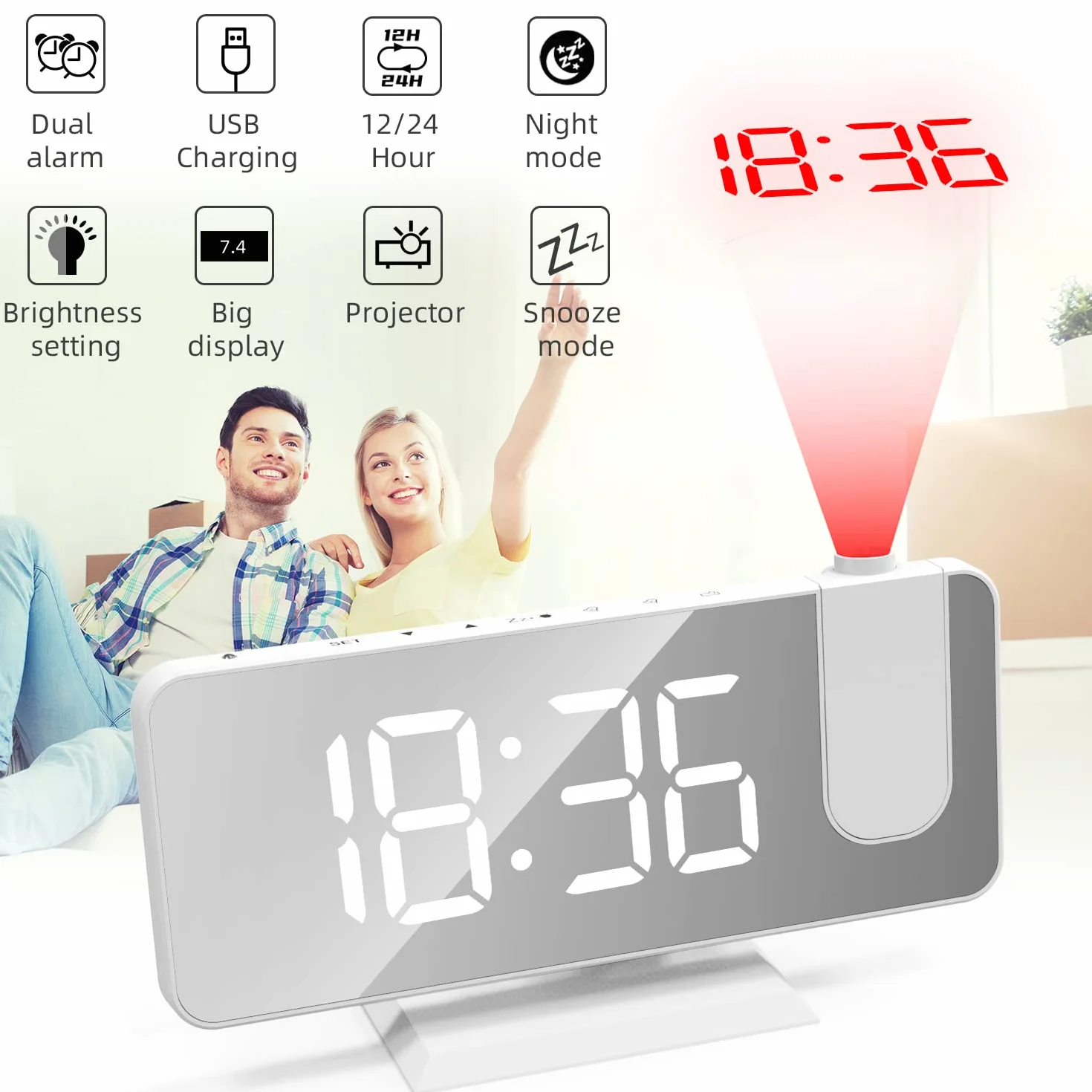 Budzik z projektorem na ścianę, podwójny alarm, LED, 12/24 h, 4 poziomy jasności, port USB, biały