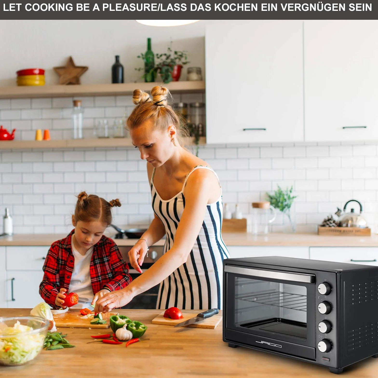 Jago® Mini piekarnik elektryczny z konwekcją, 60 litrów, 6 trybów, 100-230º, 2000 W, stal nierdzewna, przenośny, mini piekarnik elektryczny, mały, możliwy