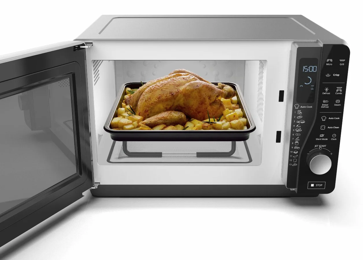 Whirlpool MWF 427 SL kuchenka mikrofalowa Extra Space + grill, pojemność 25 l, kolor srebrny, z steamerem, wysoki grill, płaski ruszt i wysoki ruszt Crisp + uchwyt, 800 + 1000 W
