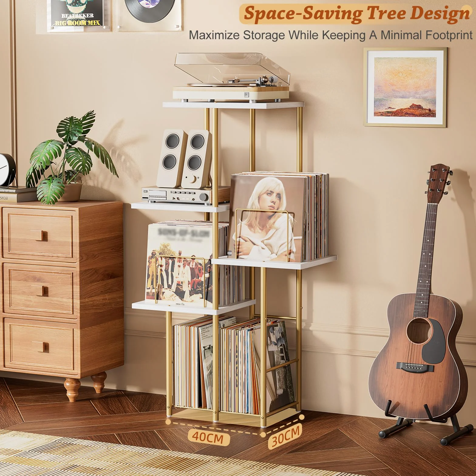 Bikoney Skivspelarbord Mid-Century Modern med Vinylförvaring för LP | Elegancka Wysoka Konsola Drewniana W Stylu Mid-Century Do Salonu, Pojemna Szafka Na Gramofon I Organizer Na Płyty LP