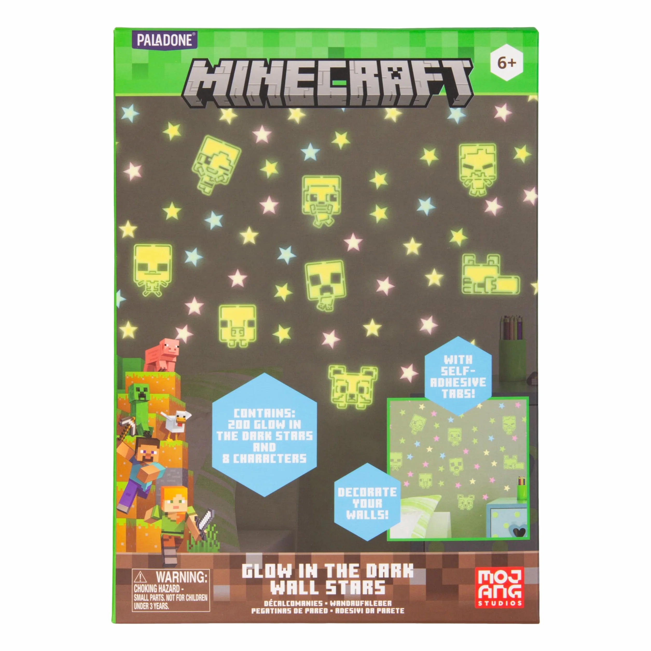Minecraft Oficjalna licencjonowana świecąca w ciemności naklejka ścienna gwiazdy, naklejki ścienne do pokoju dziecięcego, dekoracje wielokrotnego użytku, pokój zabaw i sypialnia, dekoracja gier i
