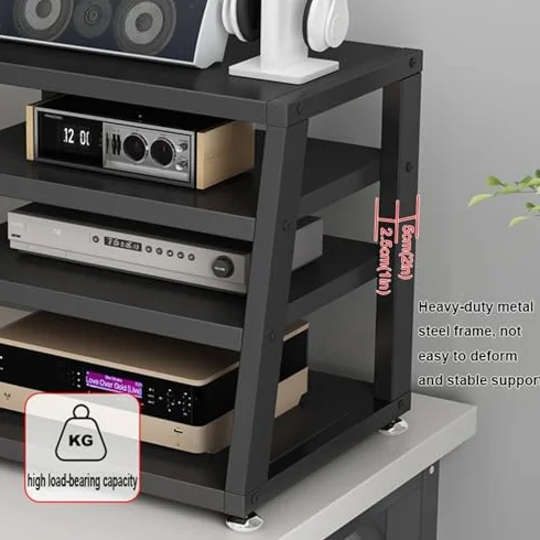4-poziomowy stojak na multimedia, wielofunkcyjny stojak na audio/wideo z drewnianymi półkami, na projektor, konsole do gier i sprzęt stereo, elegancka, otwarta szafka do przechowywania, 40 x 35 x 48