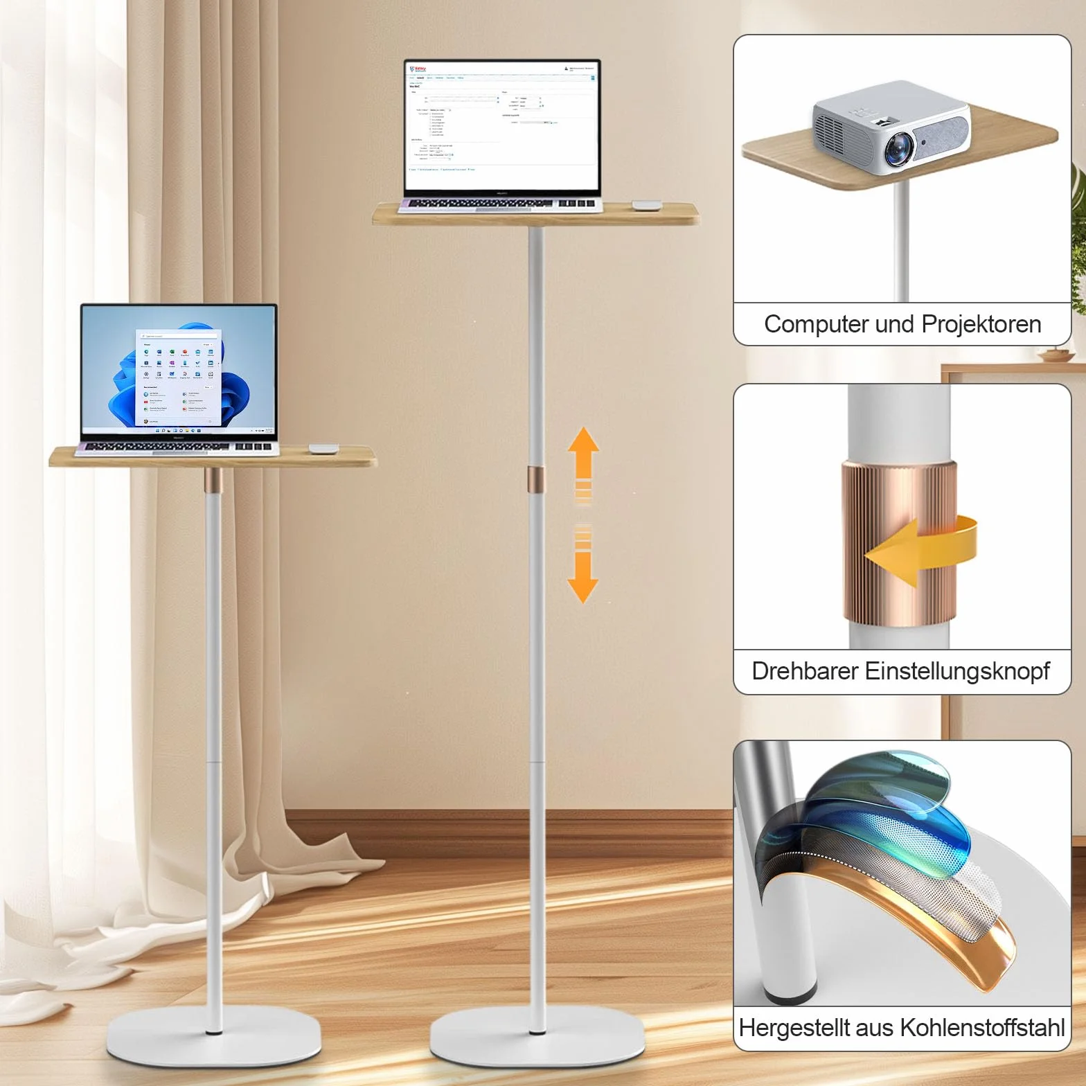 Regulowane stojące biurko, 46–120 cm, białe, do laptopa, projektora, biura, gabinetu, pracy