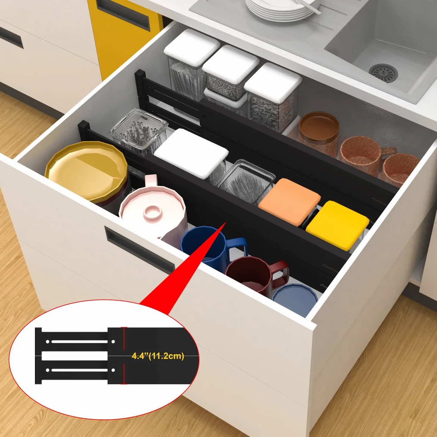 ANTOWIN Bambusowe przegrody do szuflad, 10 sztuk, rozsuwane separatory do szuflad, 43-56 cm, regulowany sprężynowy organizer na duże przybory, ubrania, narzędzia, szuflady, czarne, 10 szt