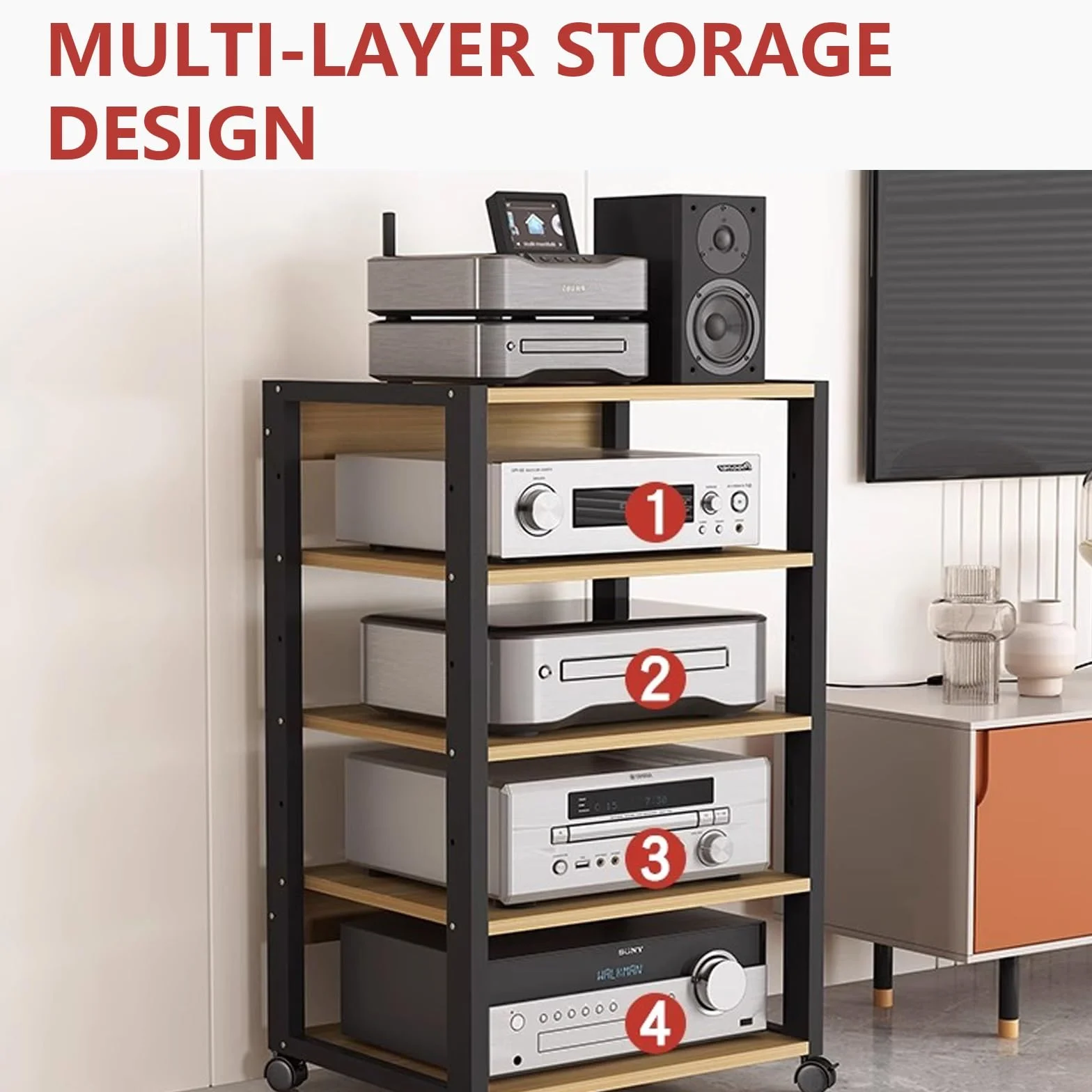 Regulowany 4-poziomowy stojak multimedialny AV, szafka na konsolę odtwarzacza płyt muzycznych z metalową ramą, stojak stereo na komponenty rozrywkowe, brązowy, 50 x 40 x 90 cm
