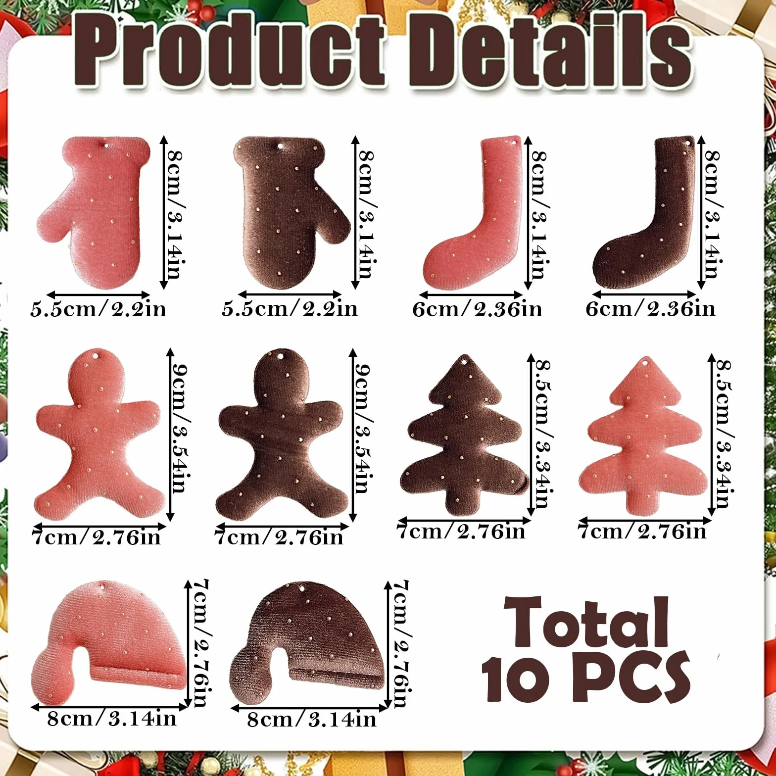 Ozdoby choinkowe 10P, 8,9 cm, błyszcząca, wisząca, piernikowy człowiek, czapka Mikołaja, rękawiczki, świąteczne dekoracje